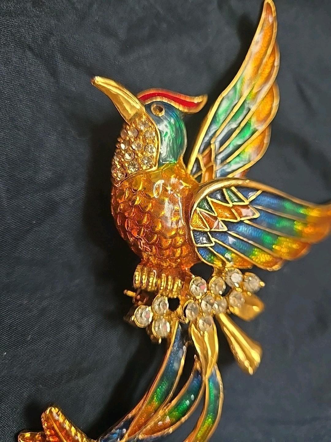 Vintage D’orlan Boucher 6″ Enamel Phoenix Bird Brooch Multicolored, Clear Crysta