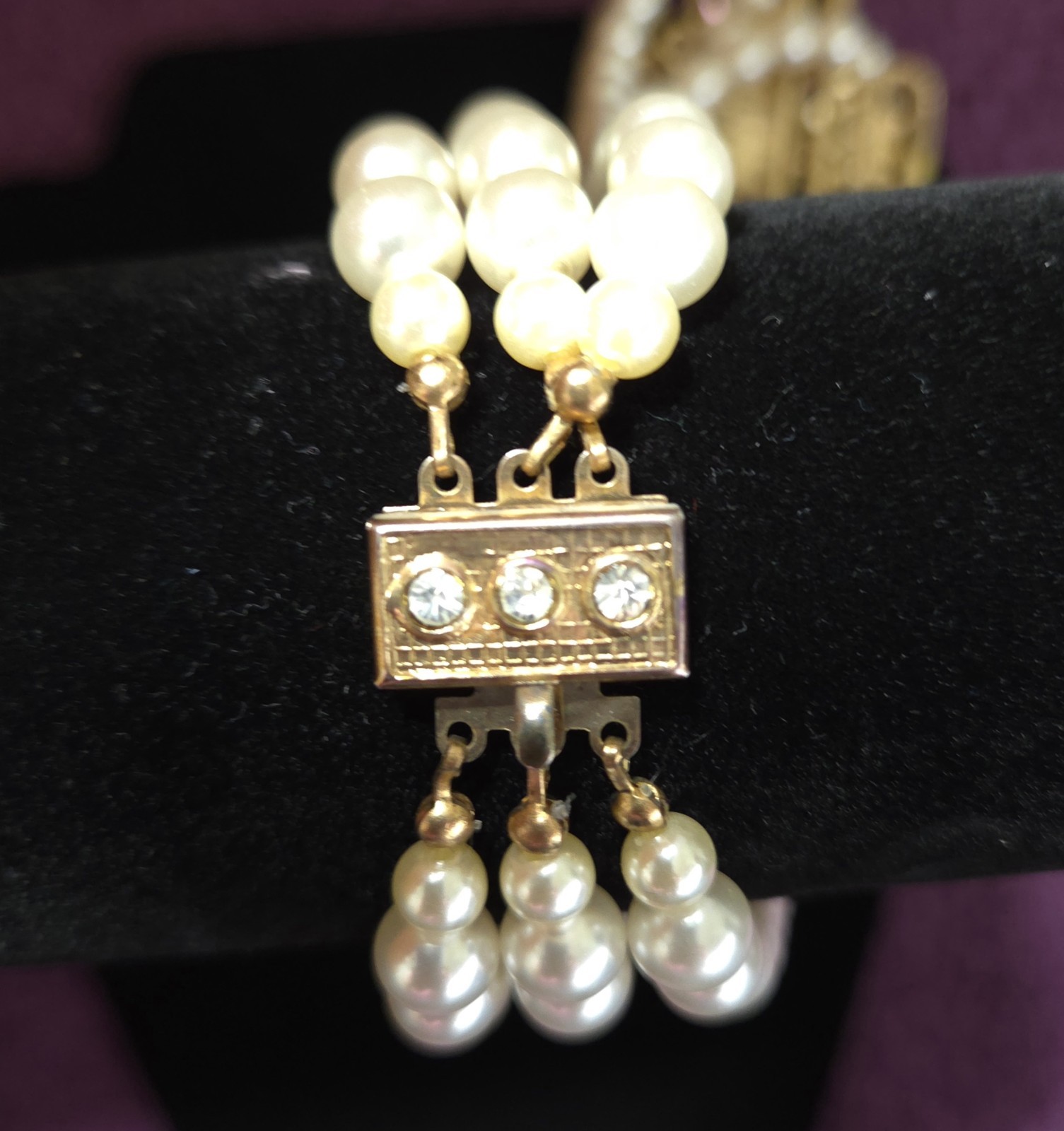 Retro 80s Maximalist Multi Gem Rhinestone Triple Strand Pearl Necklace Set