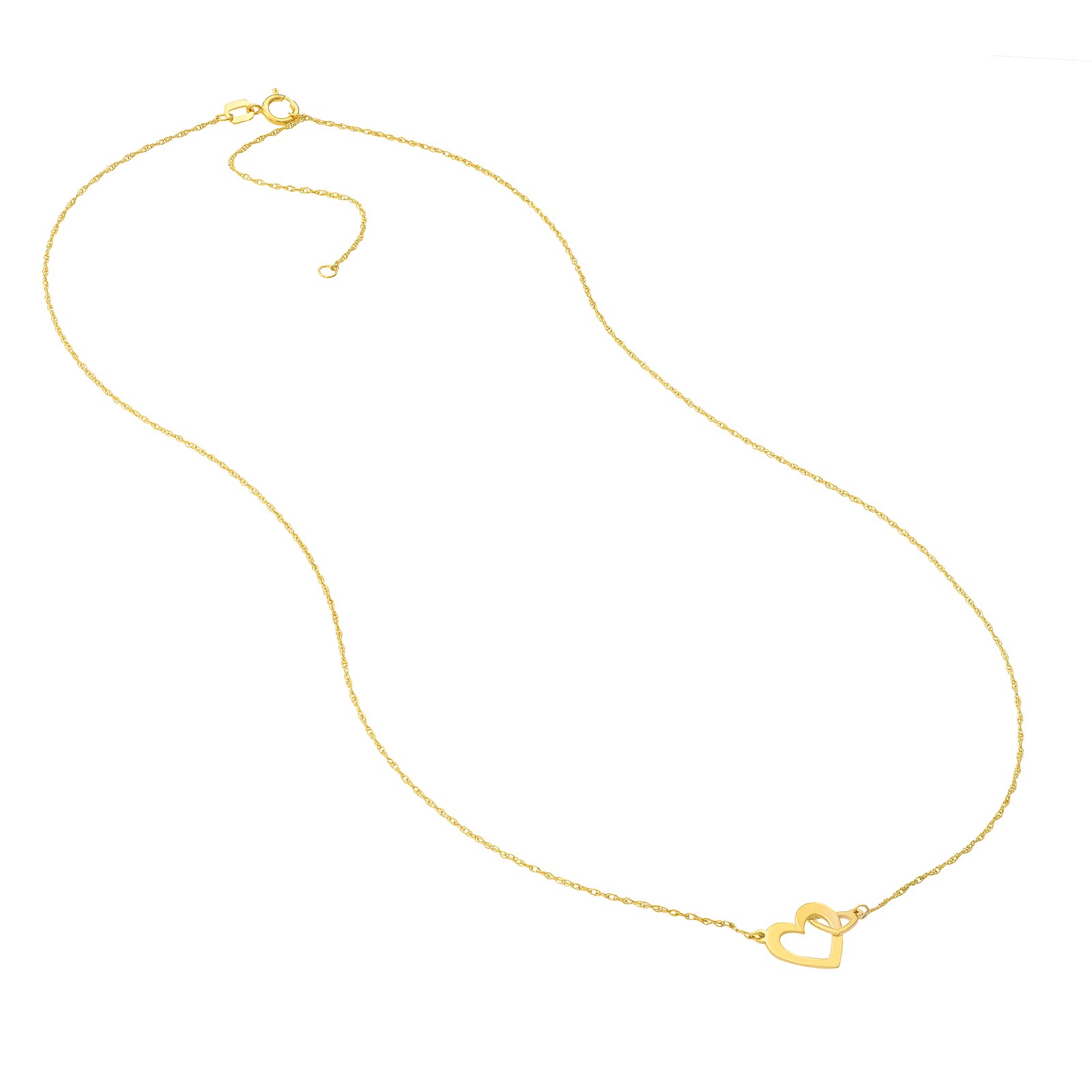 Interlocked Hearts Adjustable Chain Necklace Real 14K Yellow Gold Up to 18″