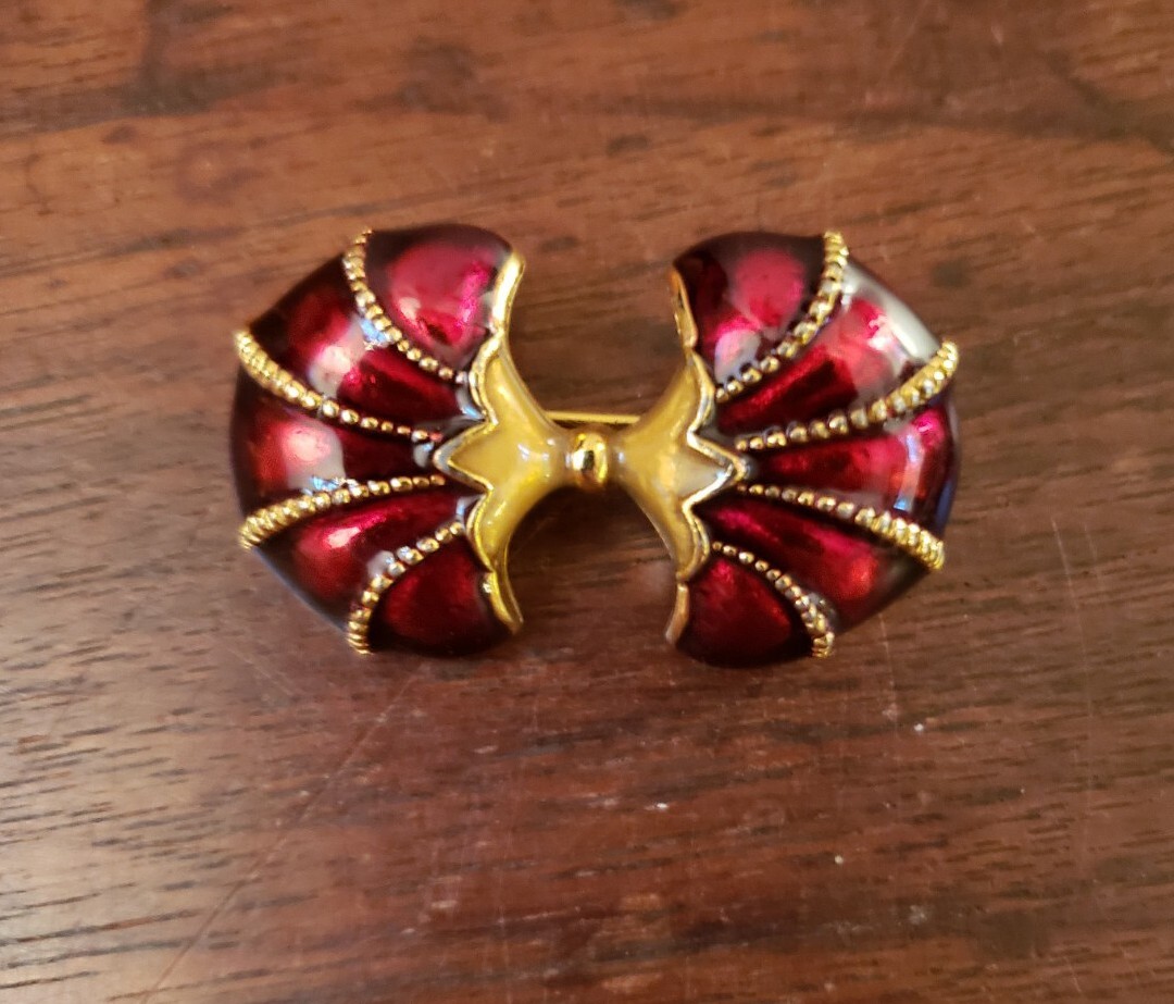 Vintage Enamelware Red Bow Brooch Pin