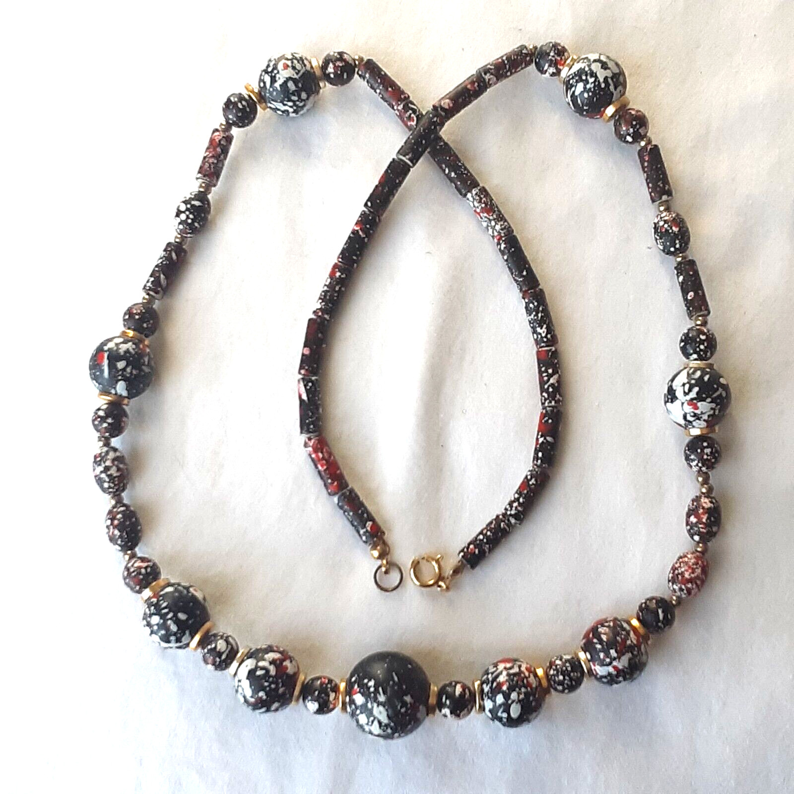 Long Black Multicolor Beaded Necklace White Red Gold Speckled 27″ Long