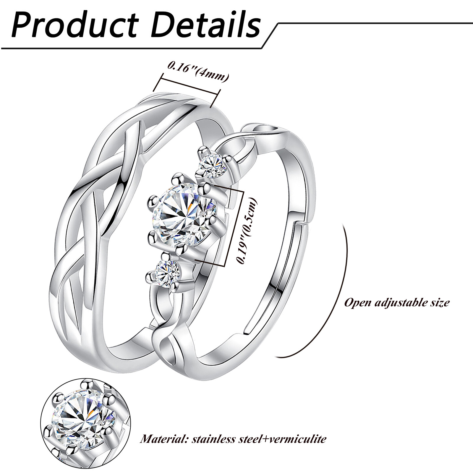 2pc Couple His&Hers Wedding Ring Engagement Promise Stainless Steel CZ Open Band