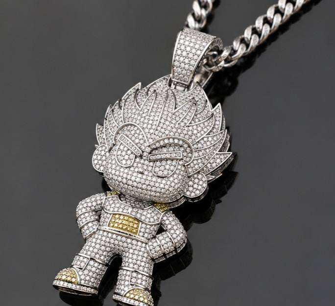 12Ct Moissanite Anime Warrior Pendant – 14K White Gold Plated Hip Hop Charm