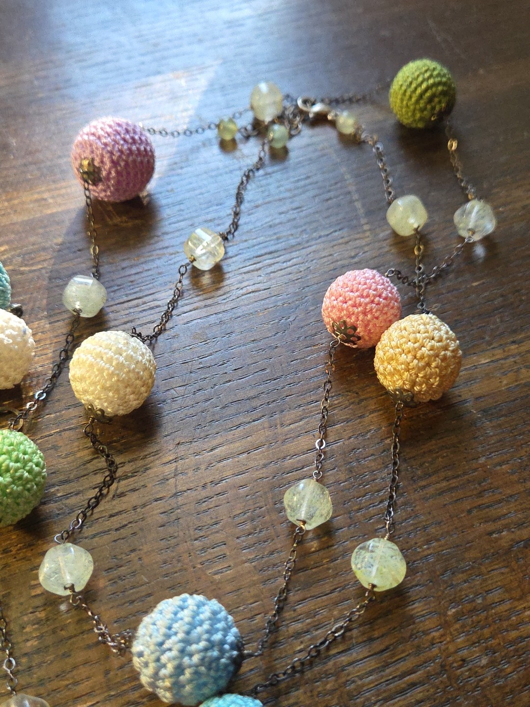 Vintage Sterling Silver Hand Crochet Multicolor Balls Necklace With Earrings