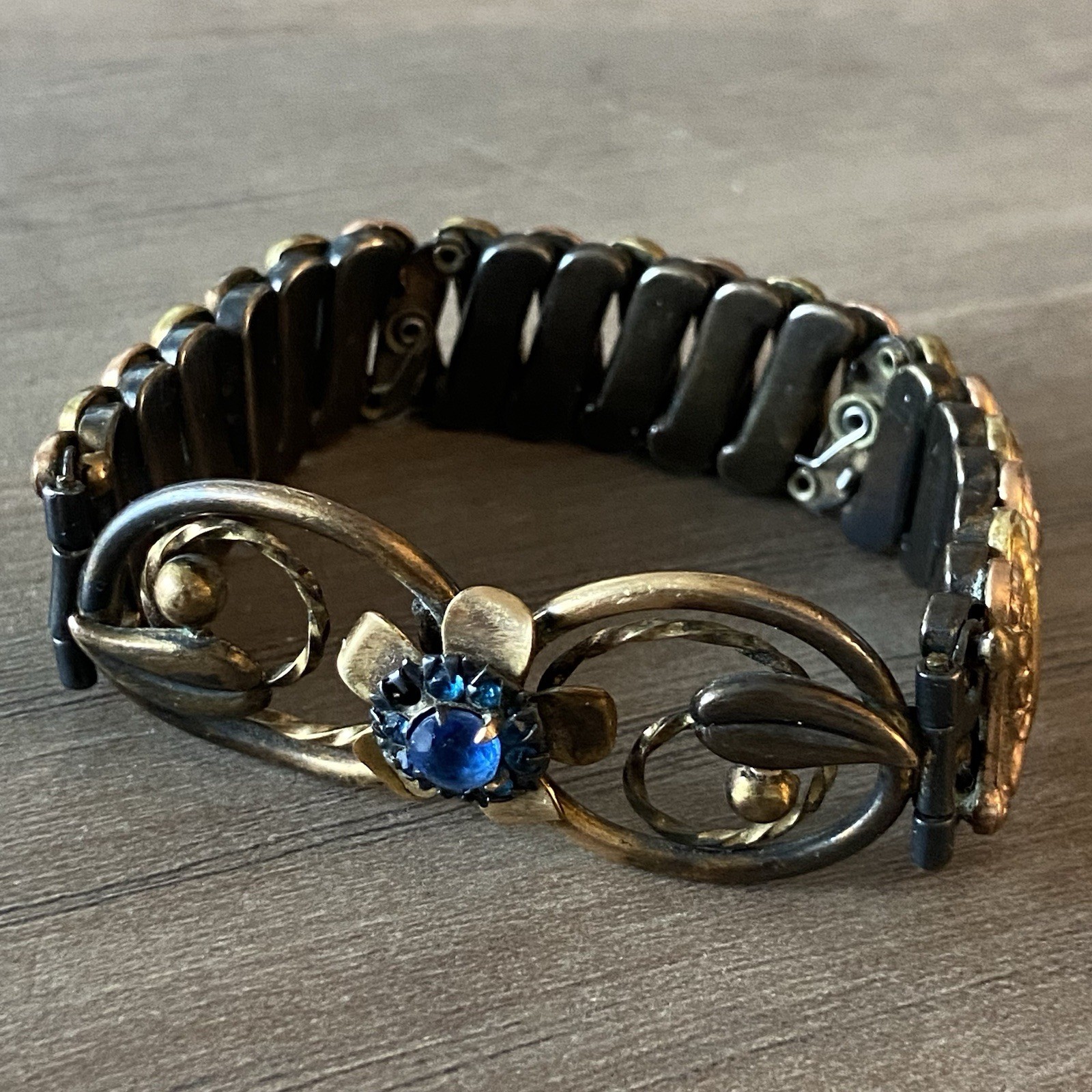 Vintage Lustern Bracelet 12K Gold Filled on Sterling w/Blue Gem Floral Accent
