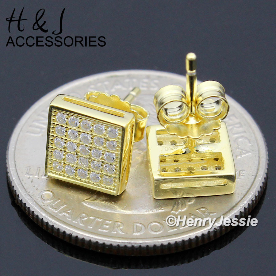925 STERLING SILVER 7MM ICY CZ SQUARE PUSH BACK GOLD PLATED STUD EARRING*AG168