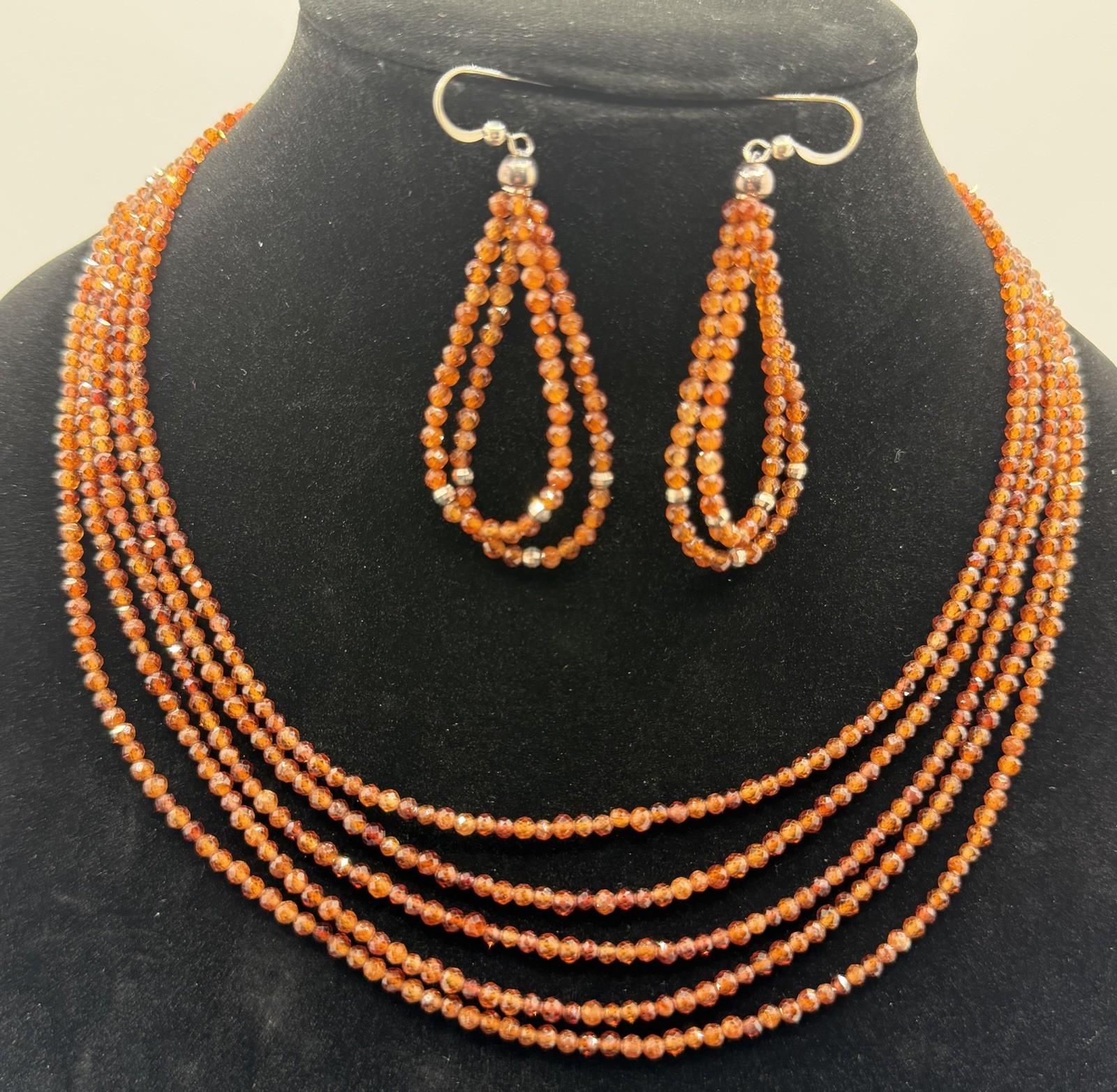 Earth Mined 5 Strand Sterling & Hessonite Garnet Beaded Necklace Jay King 17-19”