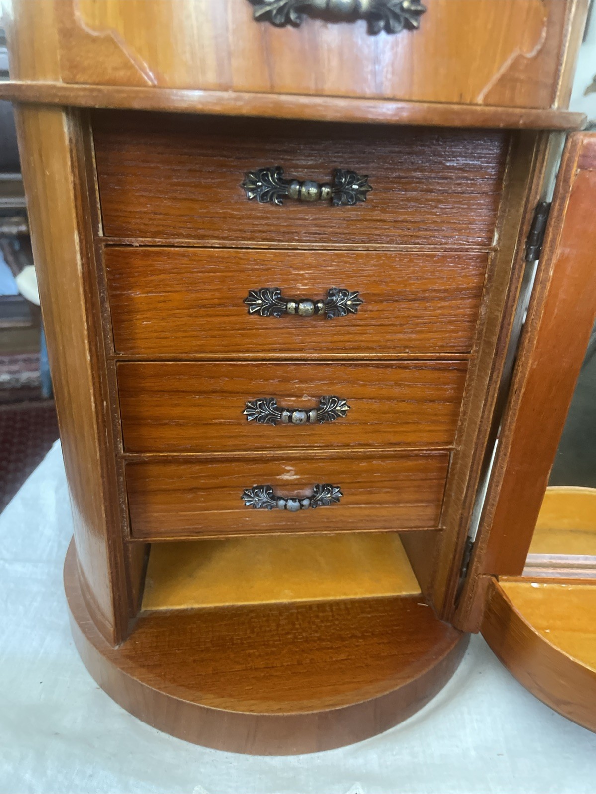 MCM round Wooden jewelry chest table top armoire W/ 5 Drawers And Mirror