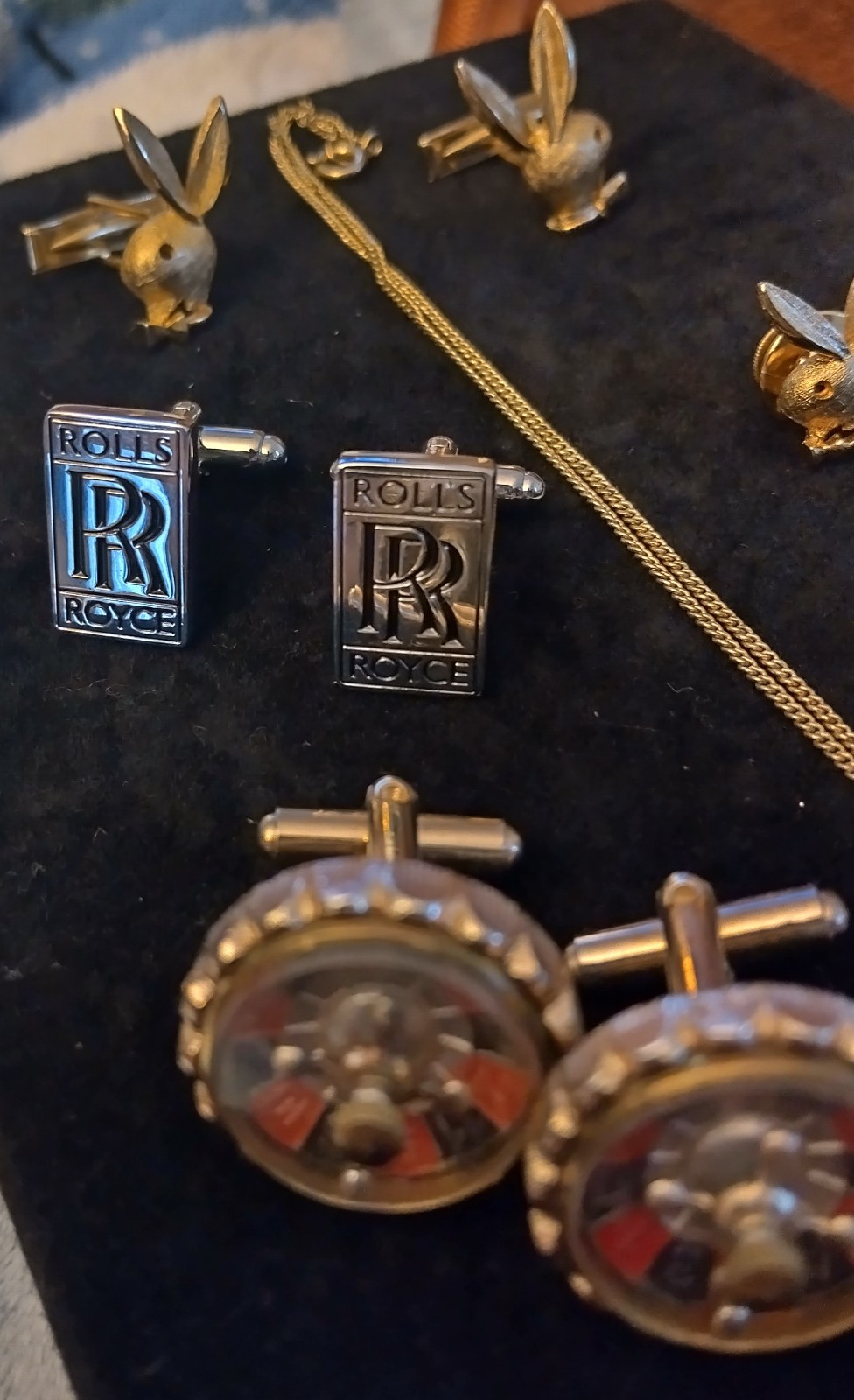 Vint 14PC Cuff Links Jewelry Lot Play Boy Rolls Royce Articulated Roulette Wheel