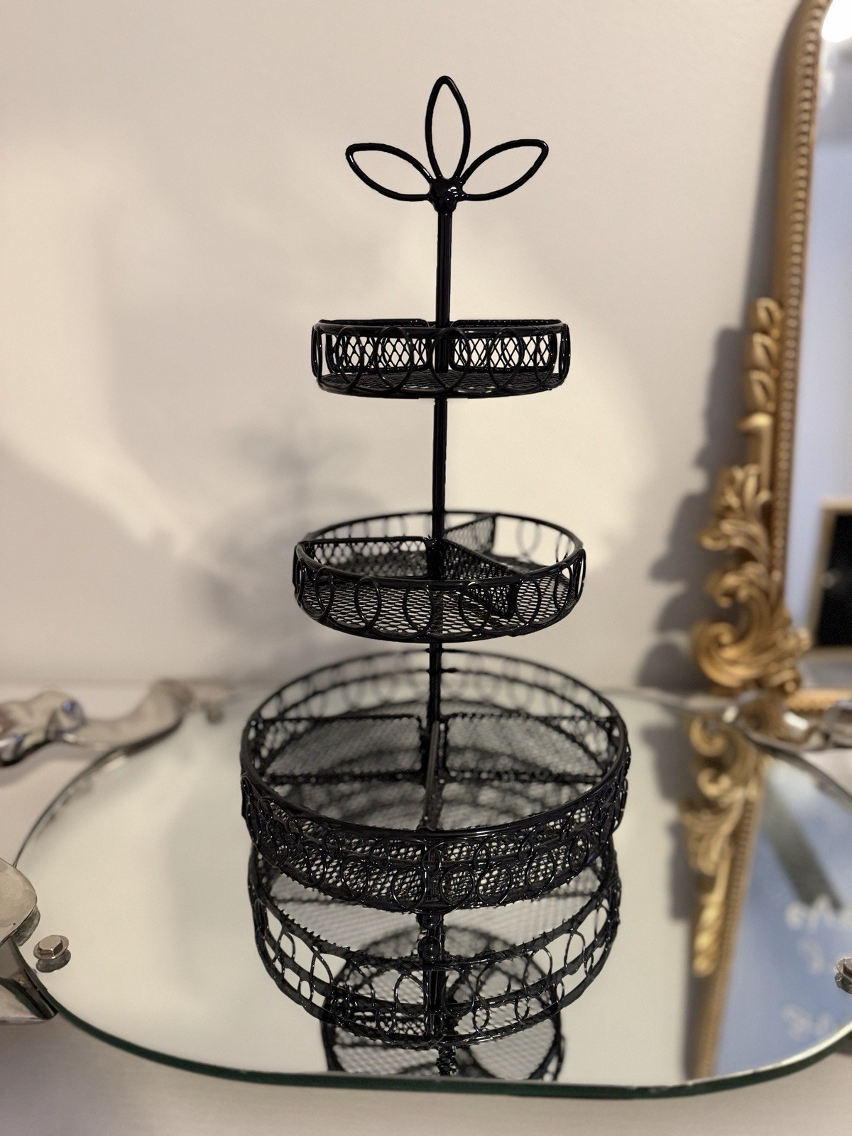 Vintage Metal Black Wired Organizer 3 Tired Shelfs Jewelry Bathroom Storage Tray