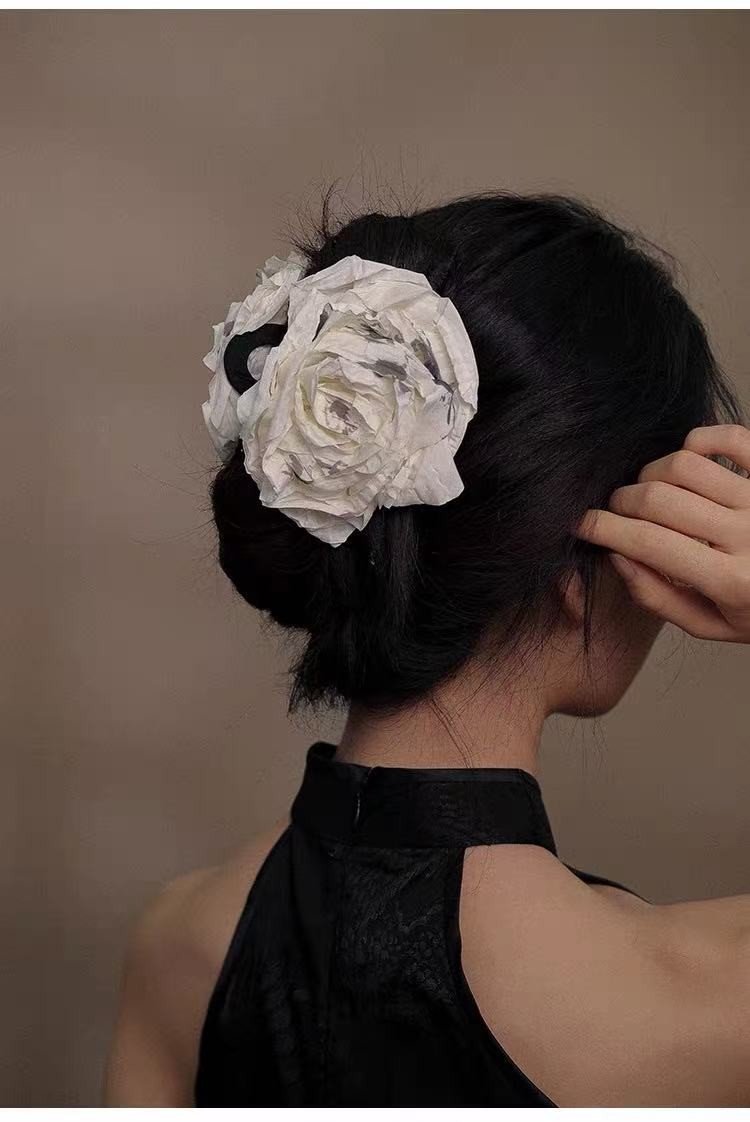 Oversized Floral Acrylic Hair Claw, Hand Painted Fabric Flower Hair Clip 4 Color