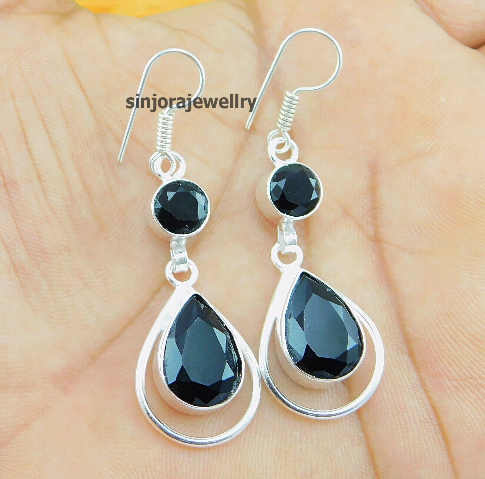 Black Onyx Gemstone 925 sterling silver handmade Dangle/Drop Earring 2″