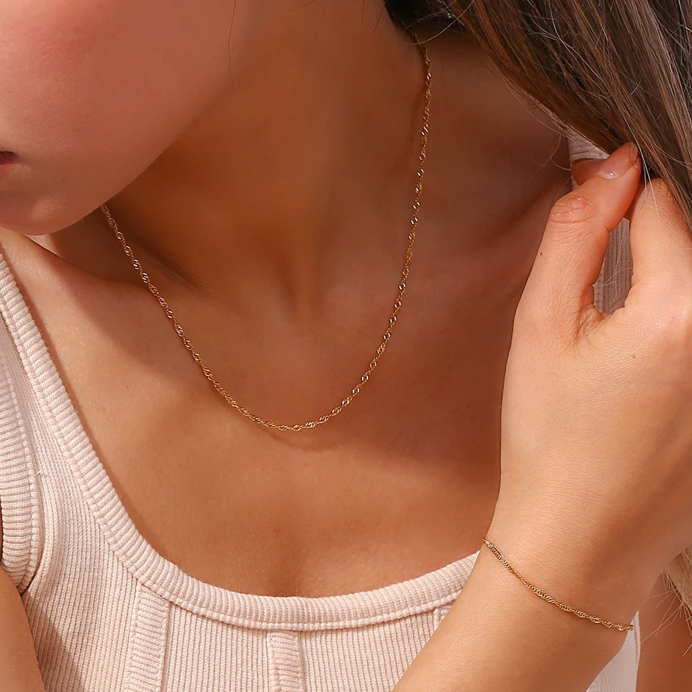 Gold Plated Bracelet Water Wave Stainless Steel Chain Polished Finish Jewelry