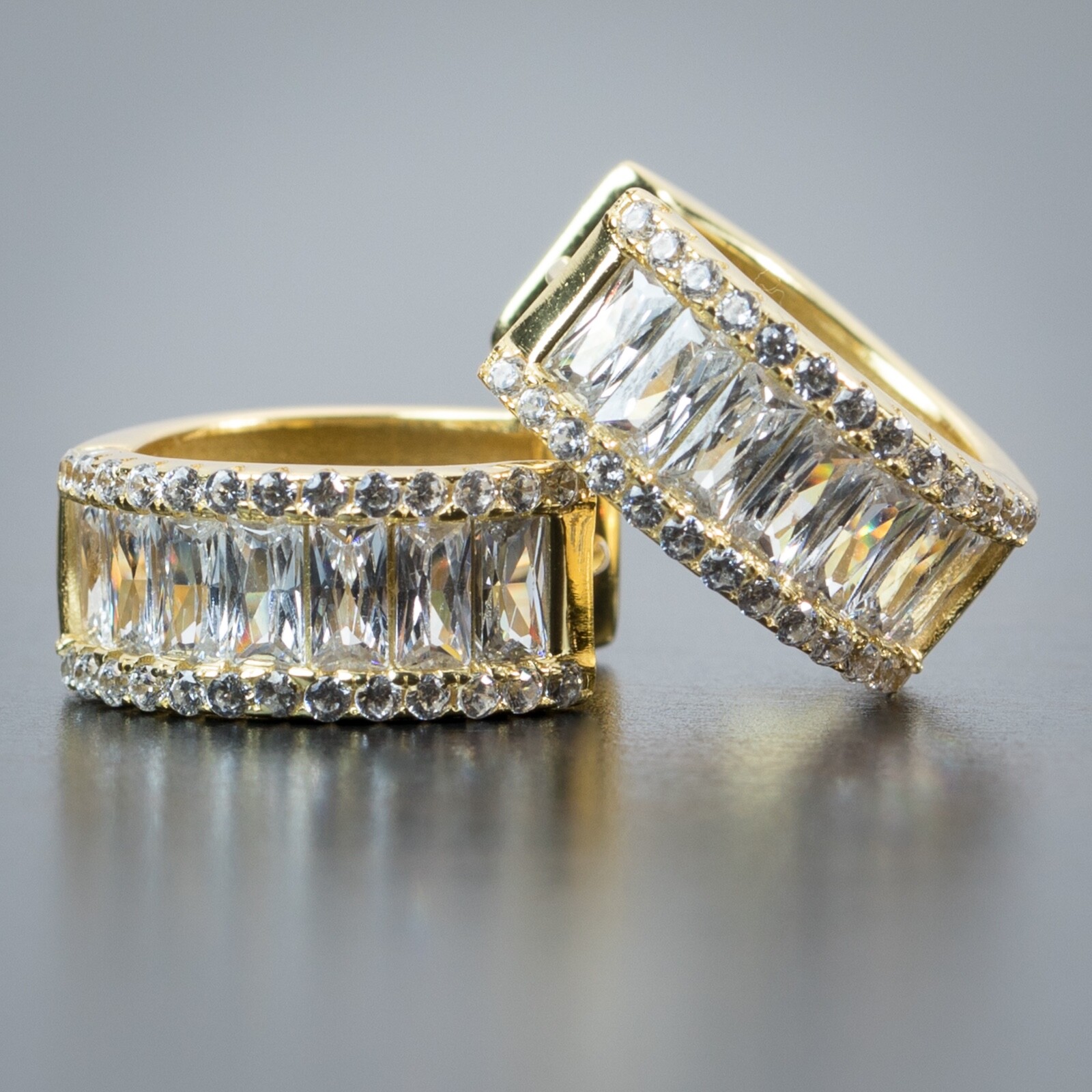 14K Gold Plated Men’s Thick 925 Sterling Silver Iced Cz Baguette Hoop Earrings