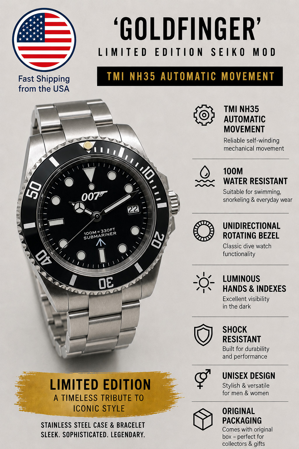 James Bond 007 BOND ‘Goldfinger’ Seiko NH35 Automatic Movement Watch Black