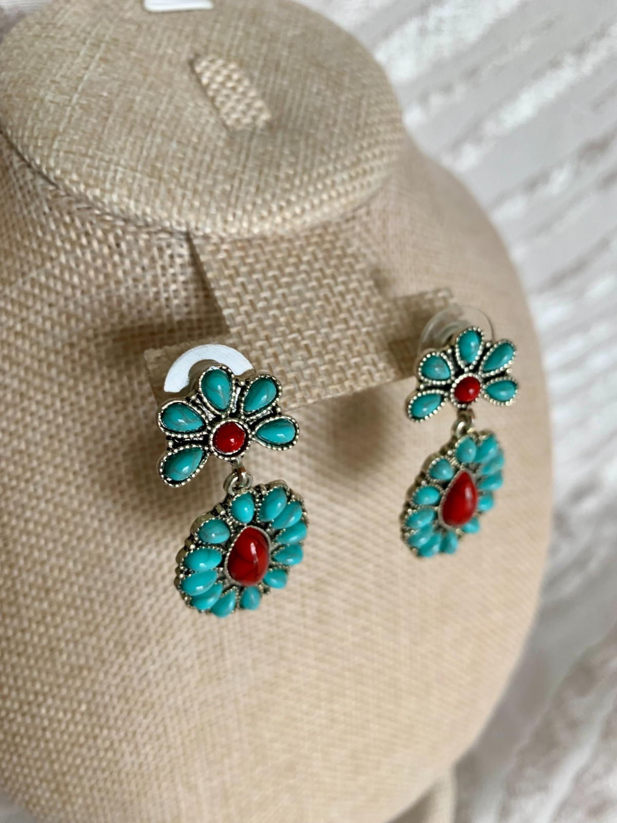 Boho Cowgirl Turquoise Red Concho Flower Dangle Earrings