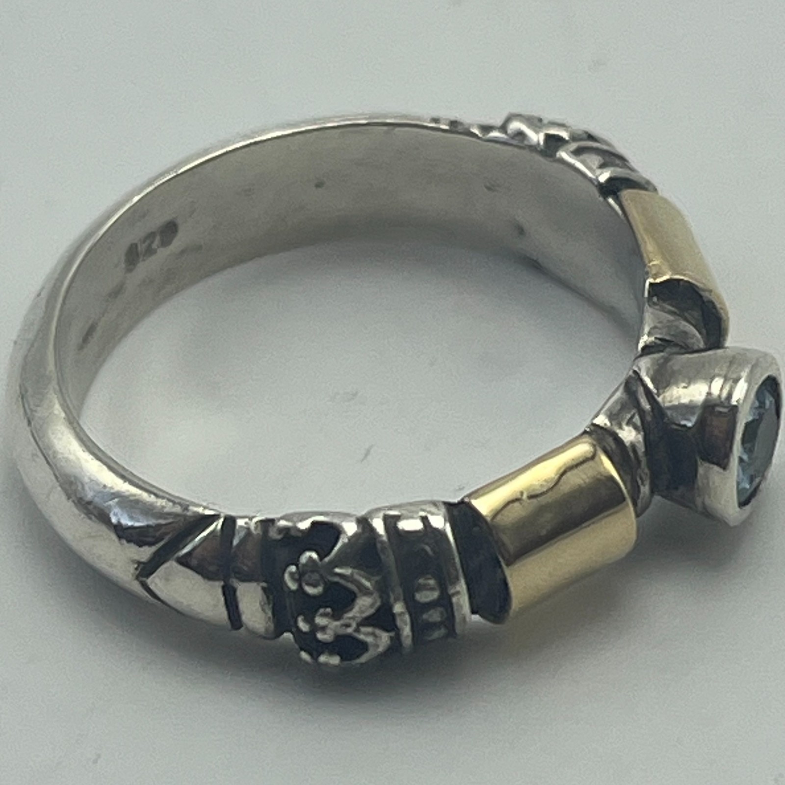 925 Sterling Silver & 14K Gold Blue Topaz Ring Size 7 Artisan Designer Band 4.8g
