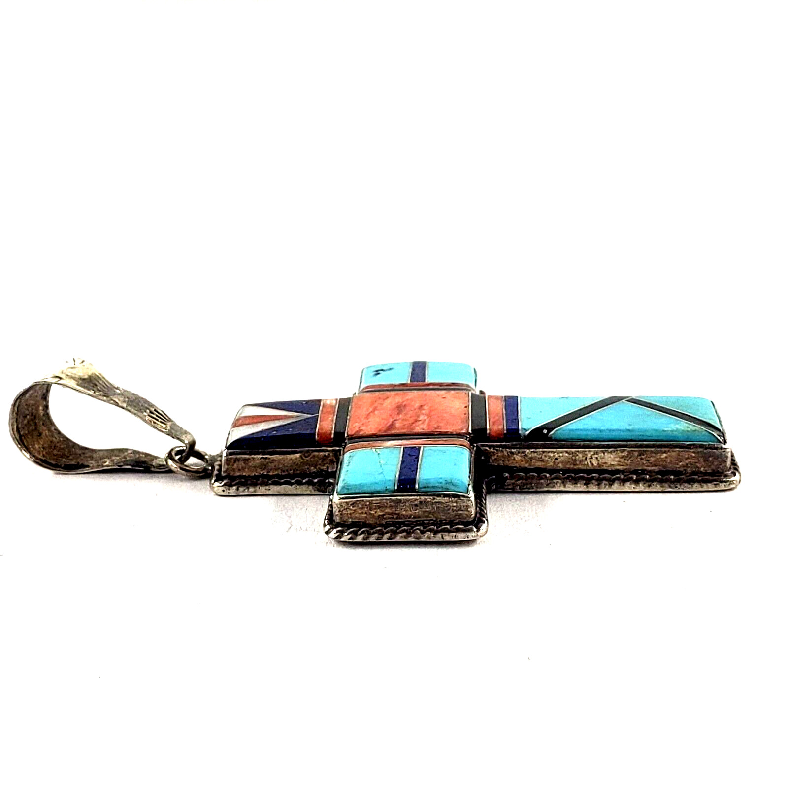 ROGER SKEET RS NAVAJO Sterling Silver Inlay Cross Pendant Turquoise Coral Native