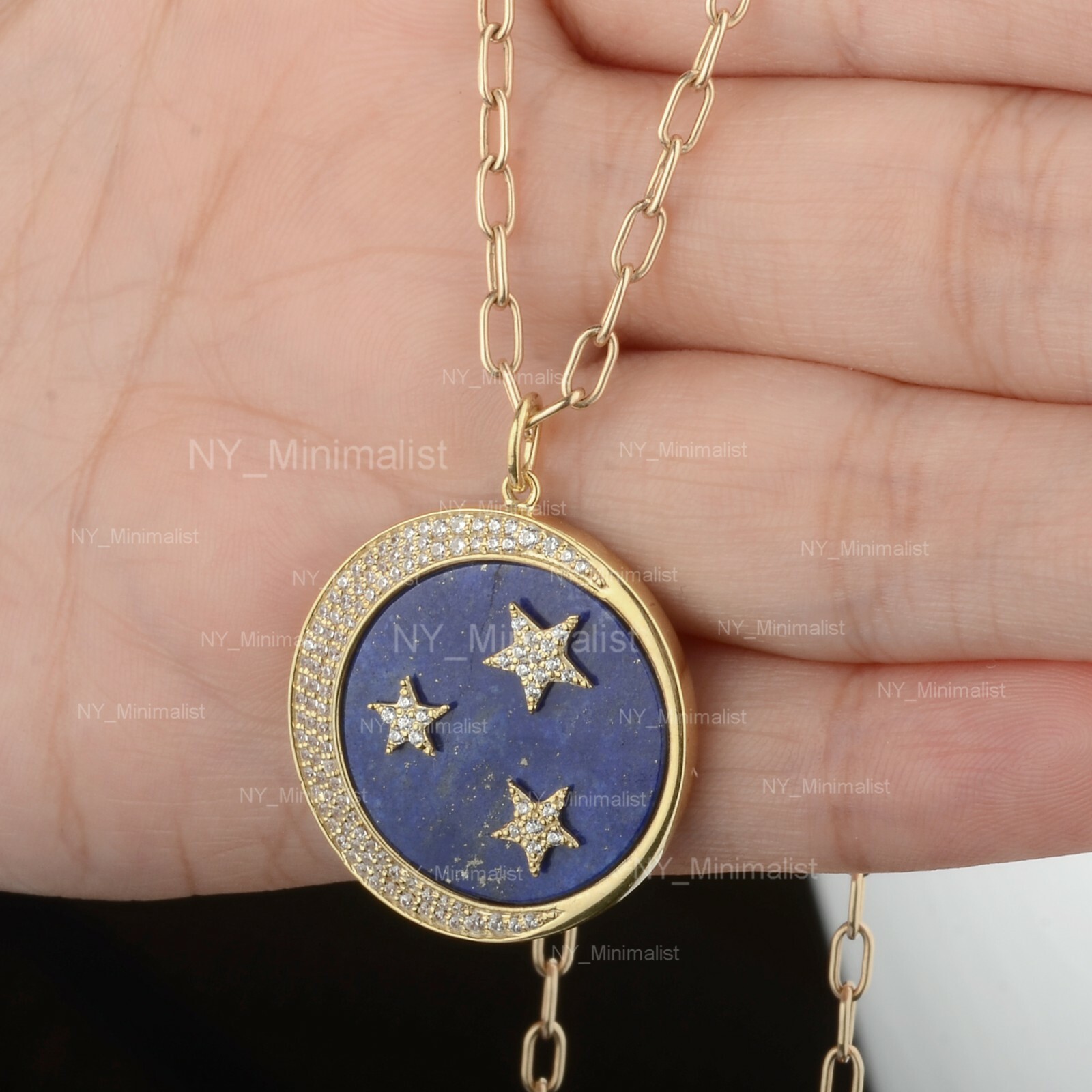 Lapis Lazuli Gemstone Crescent Moon & Star Disc Pendant Necklace 14K Yellow Gold