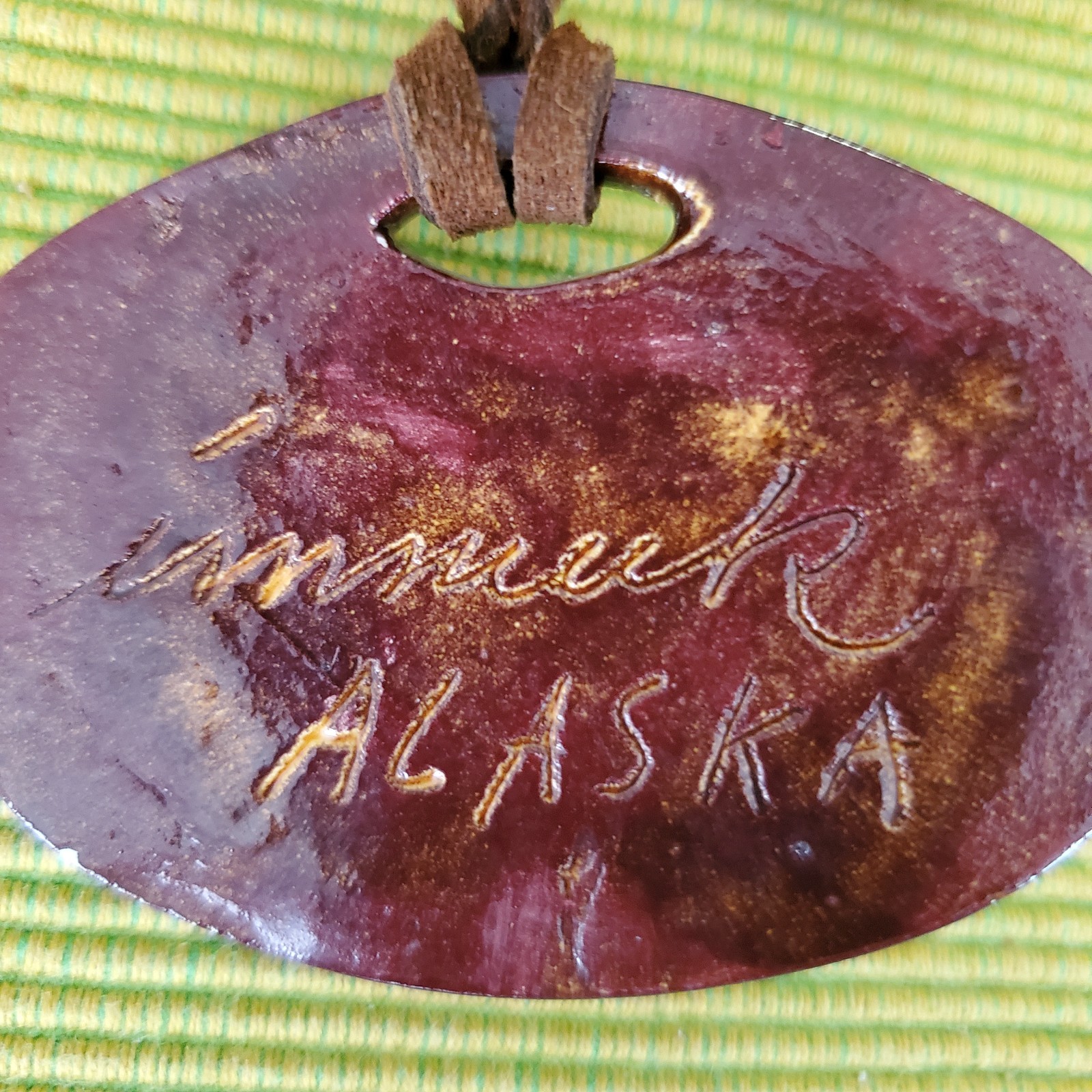 Imnuk Signed Owl Alaska Necklace Art Handcraft Ceramic Bead Leather Cord Vintage