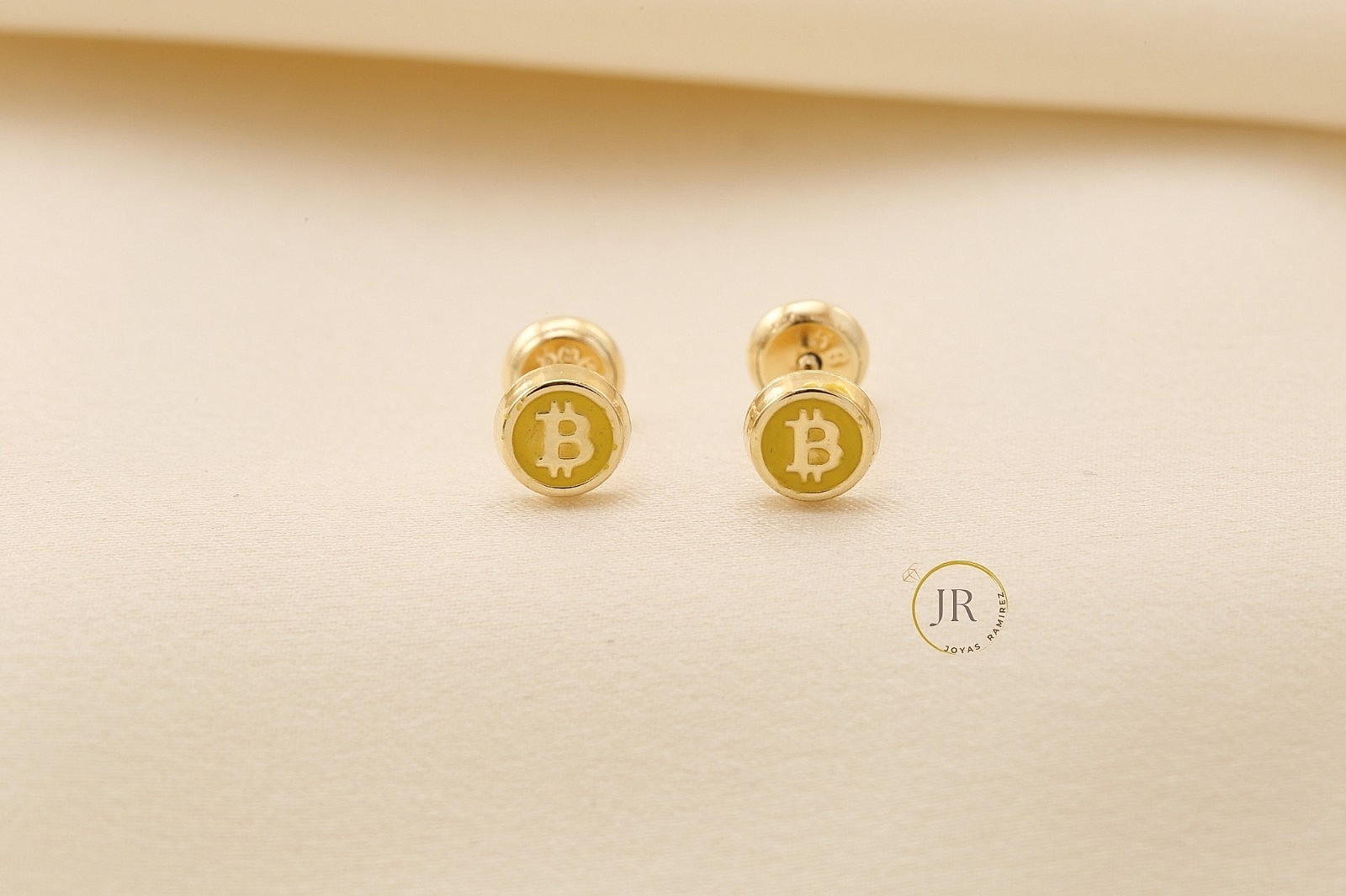 14K Solid Gold Bitcoin Logo Stud Earrings Crypto Luxury Fine Jewelry