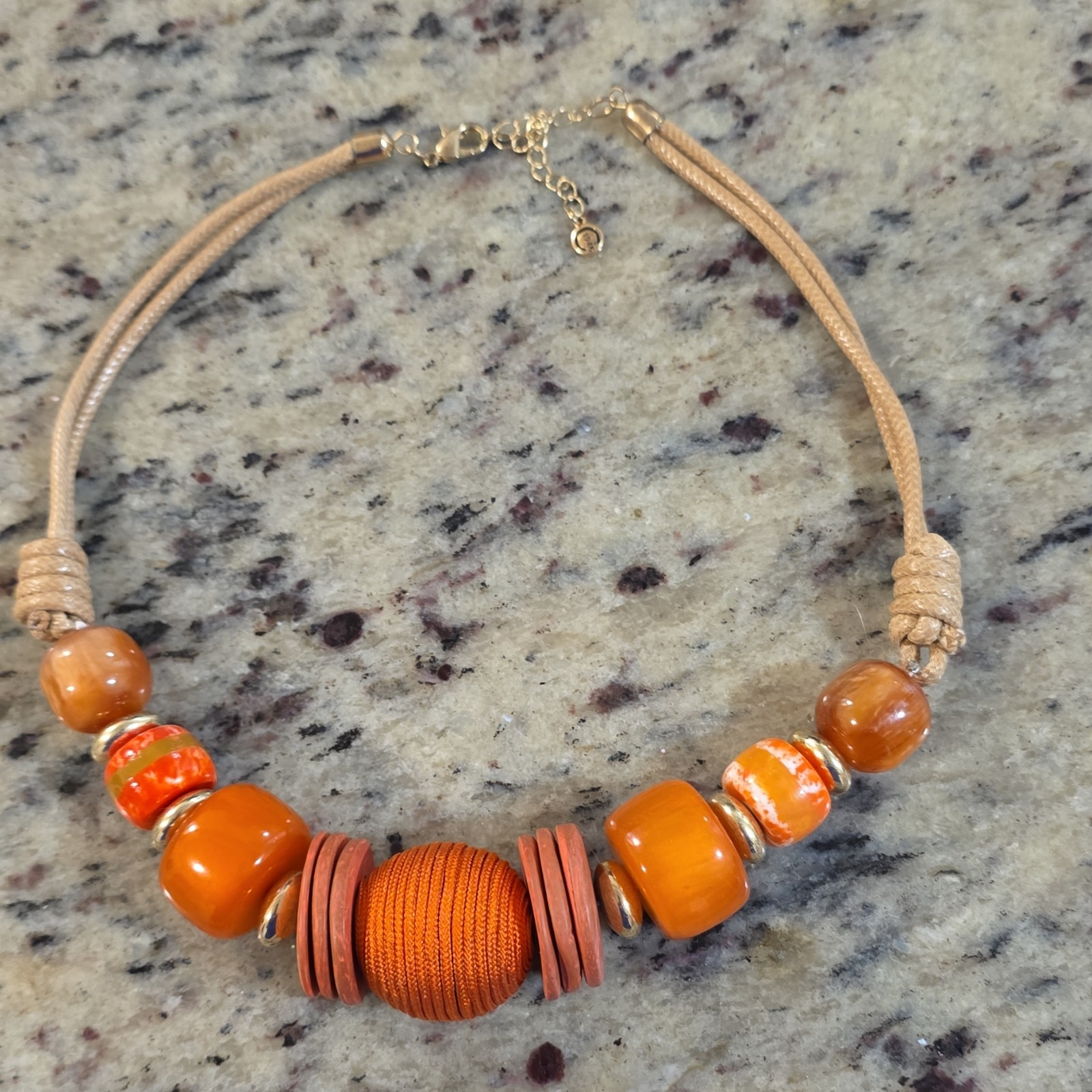 Orange Beaded Cord Necklace Adjustable Lobster Clasp with Extender