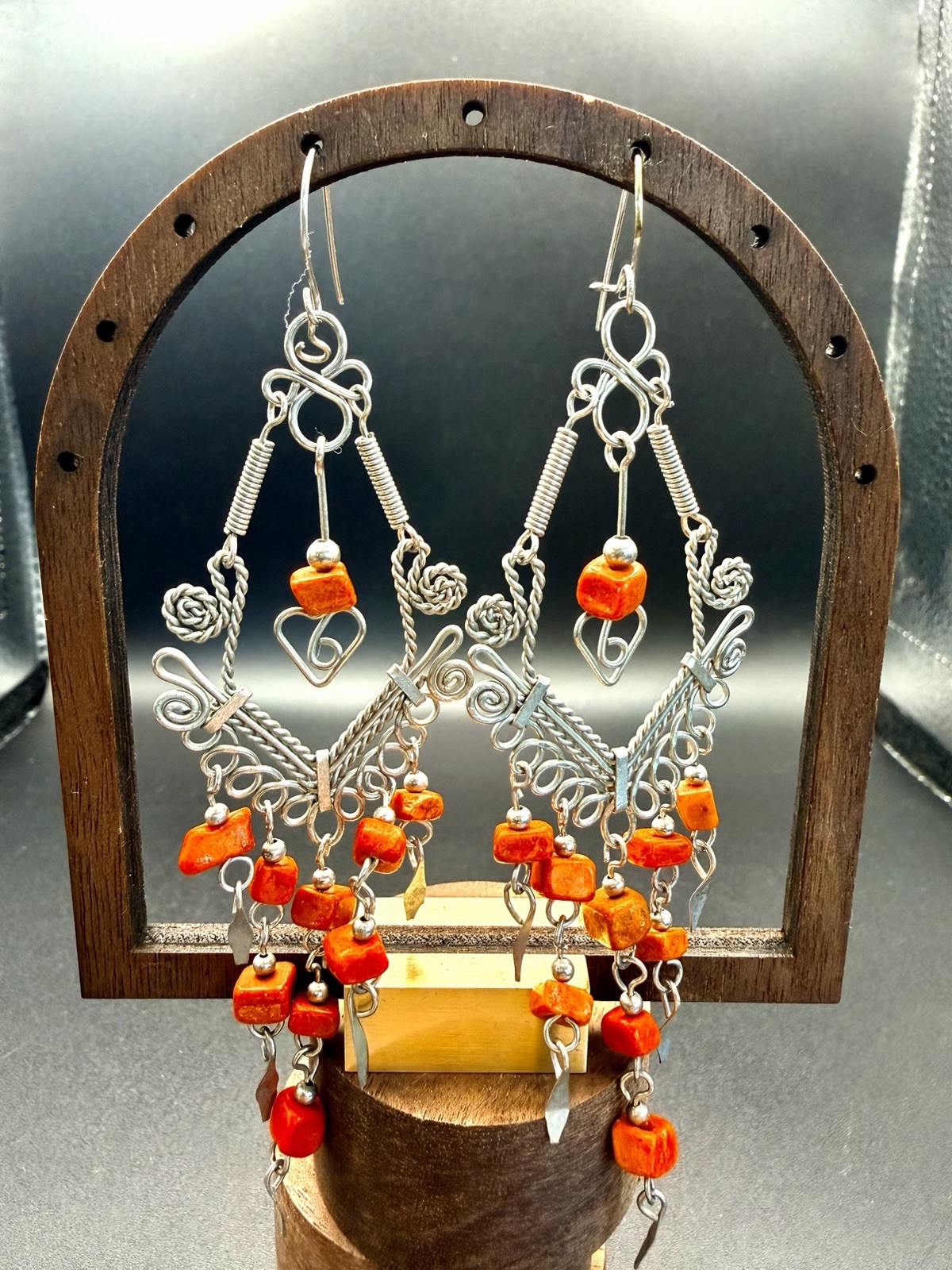 885. Vintage Metal Filigree Dangle Earrings Stone Orange