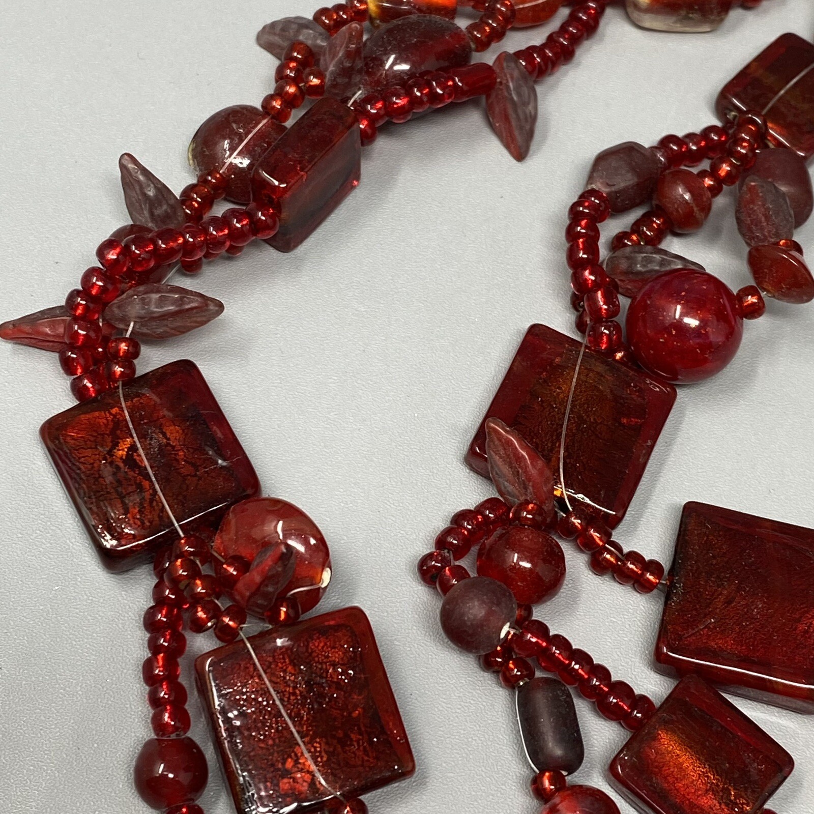 VTG Boho Glass Necklace Red Burgundy Glass Beads Czech Dichroic Frost Molded 24″