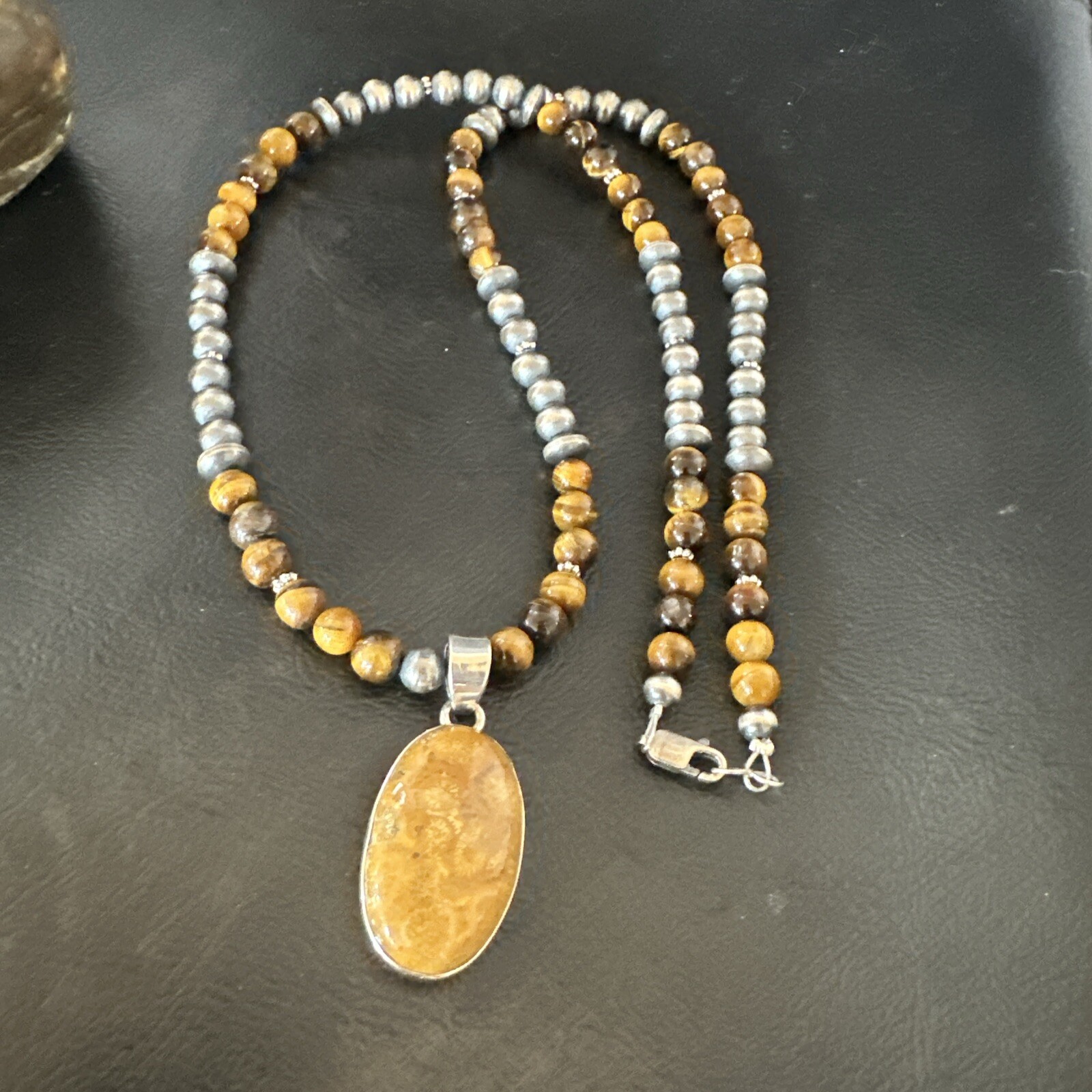 Coffee Brown Tigers Eye Sterling Silver Pendant Necklace Southwestern 18281