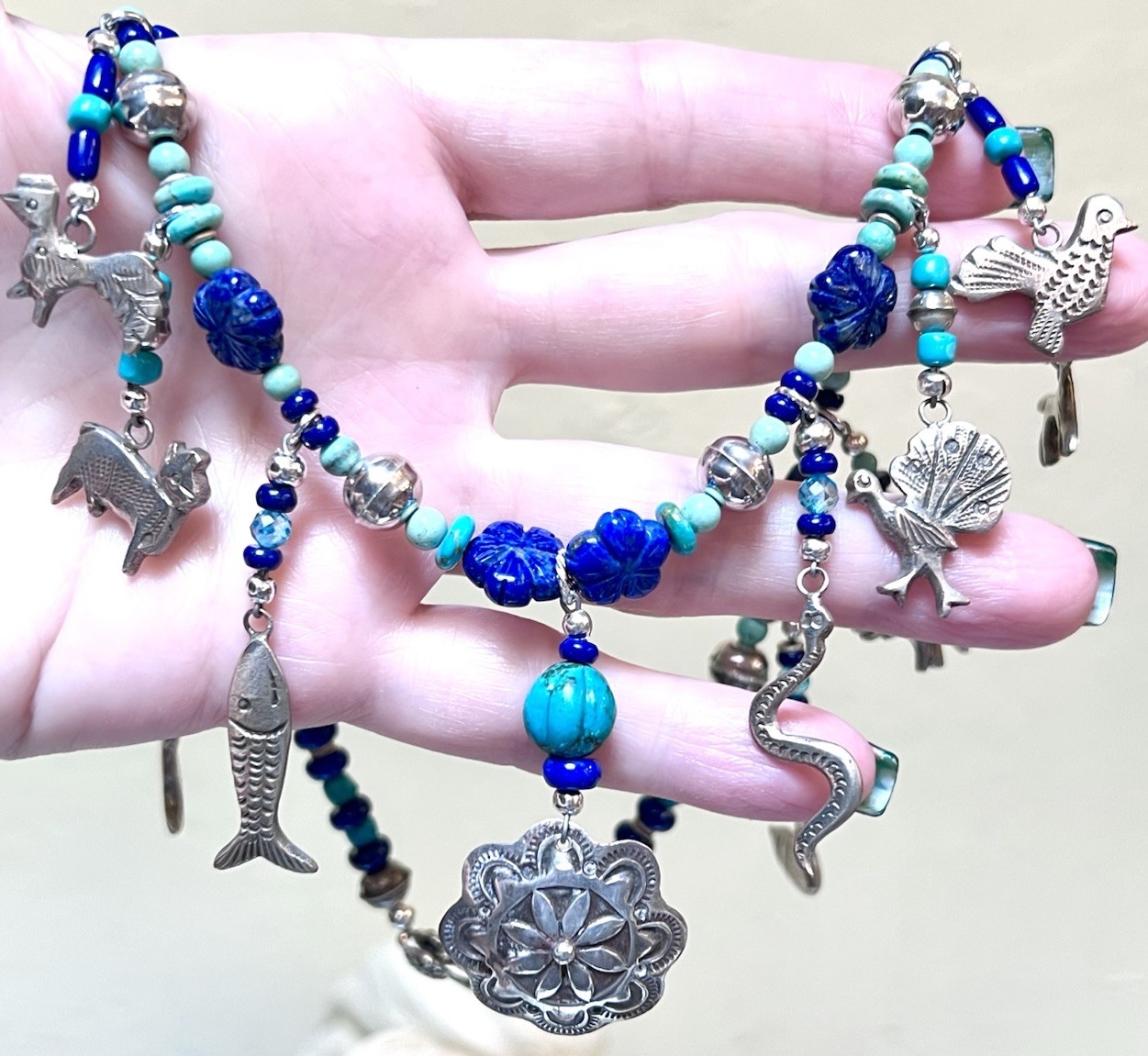 LOVELY Southwest Artisan Sterling Silver Turquoise, Lapis Milagro Charm Necklace