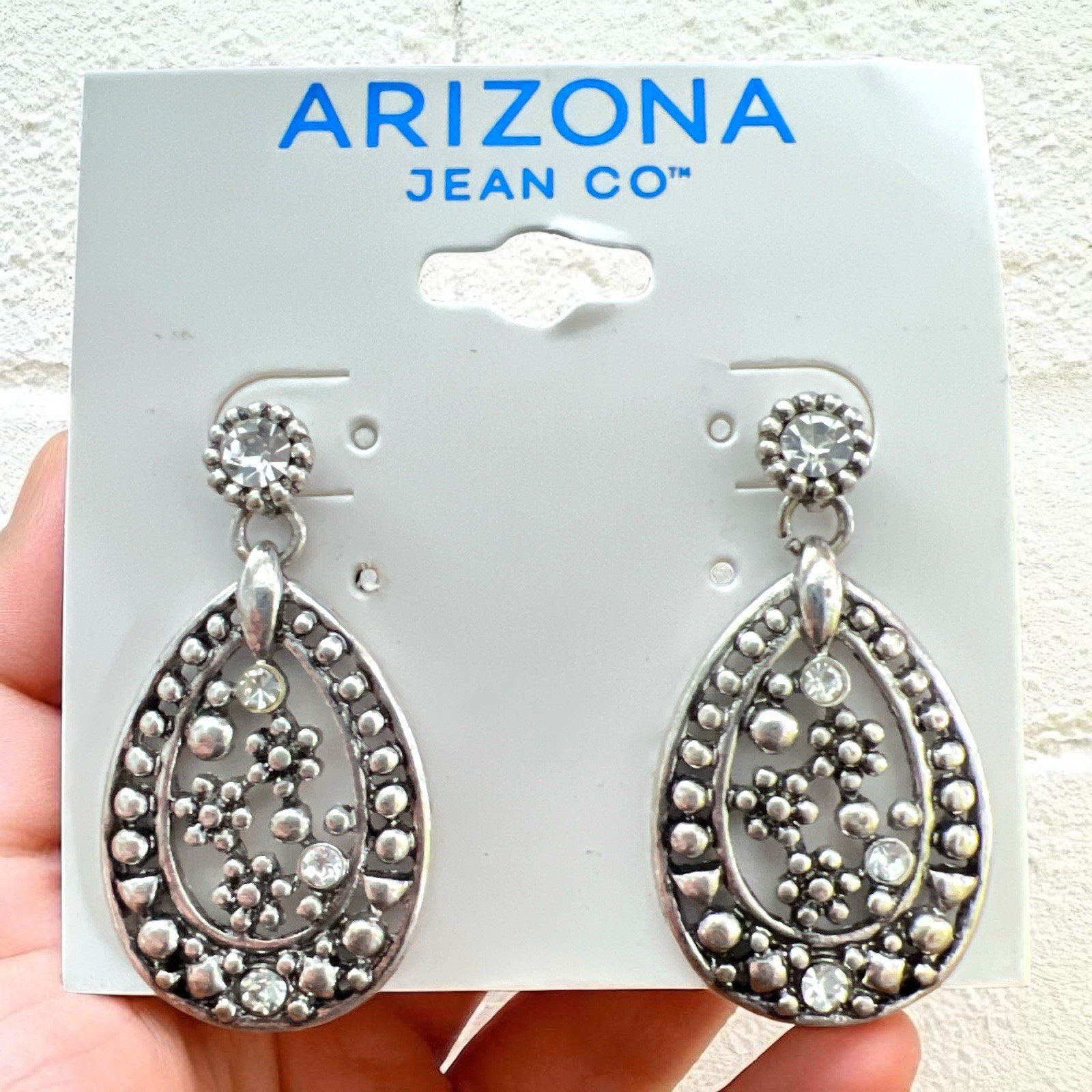 Arizona 1 1/2″ Silver Tone/Rhinestone Post Back Earrings-NWOT
