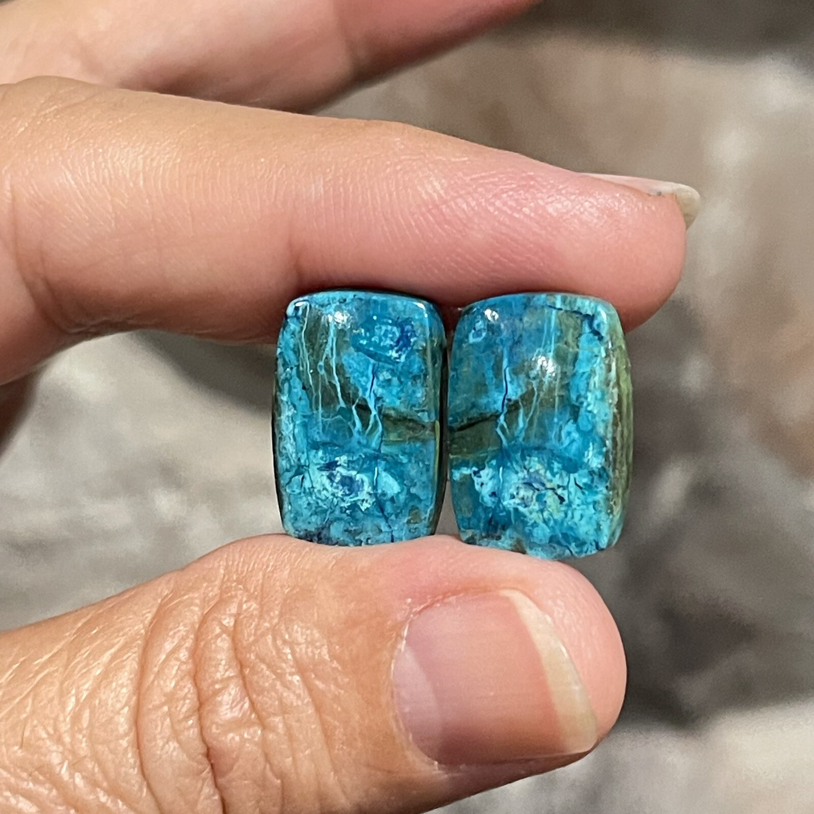 19.6ct 14.3×11.5×4.3mm Pair Of Rare Blue Shattuckite Rectangle Cabochons Gems