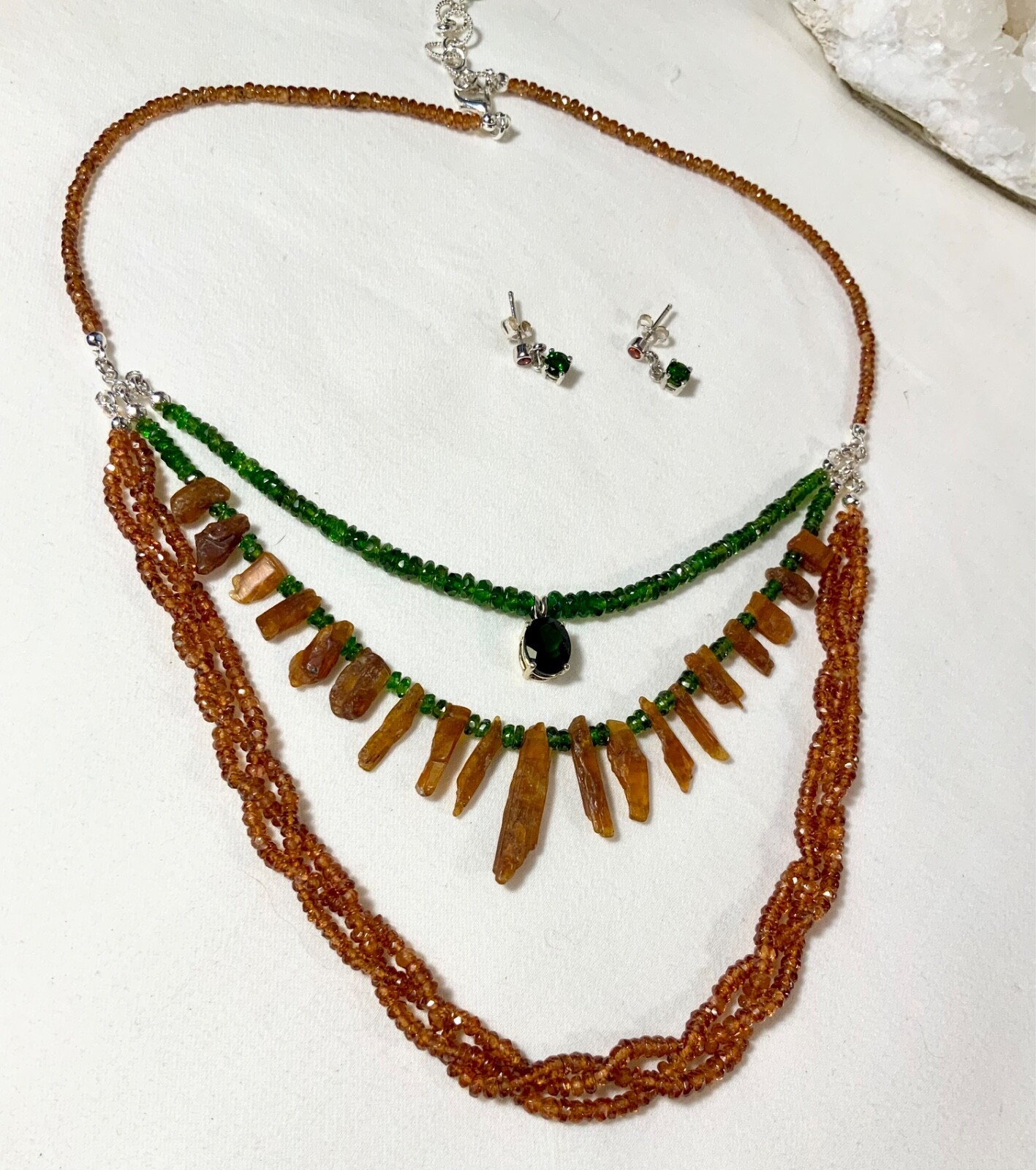 SS .925 SPESSARTINE KYANITE CHROME DIOPSIDE 3 STRAND NECKLACE EARRINGS