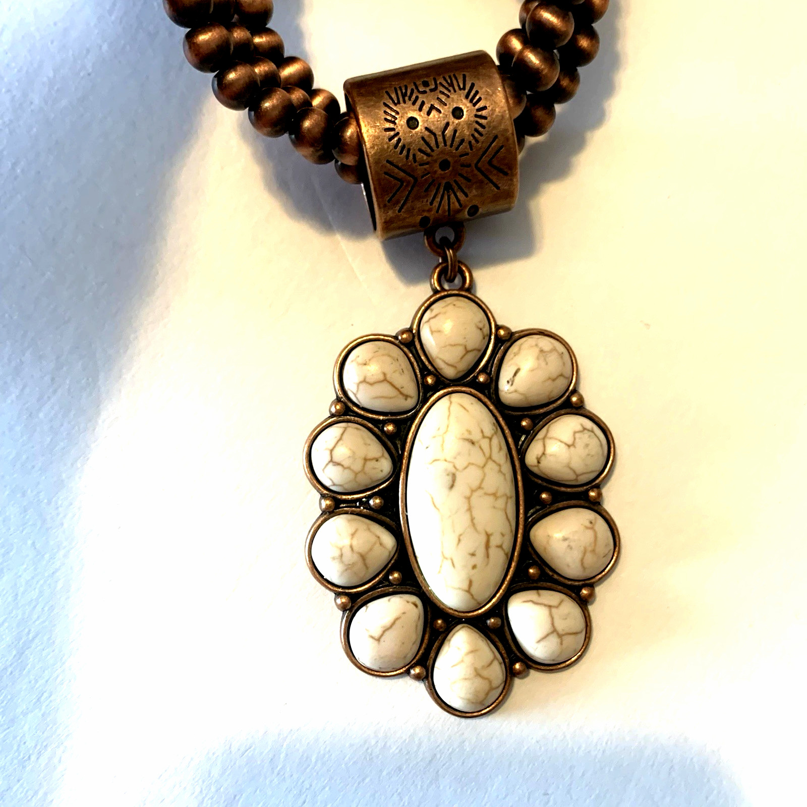 Southwestern White Faux Turquoise Necklace Copper Beads Multistrand Statement
