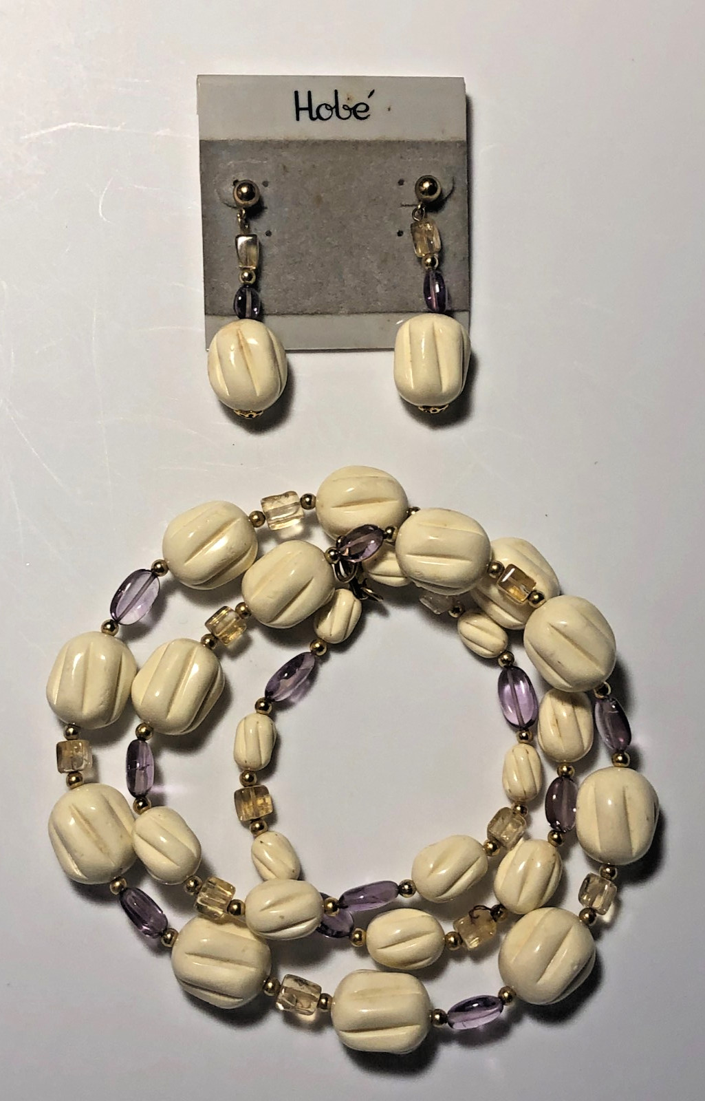 VINTAGE HOBE MID CENTURY FAUX IVORY AMETHYST ART GLASS 3PC NECKLACE EARRINGS SET