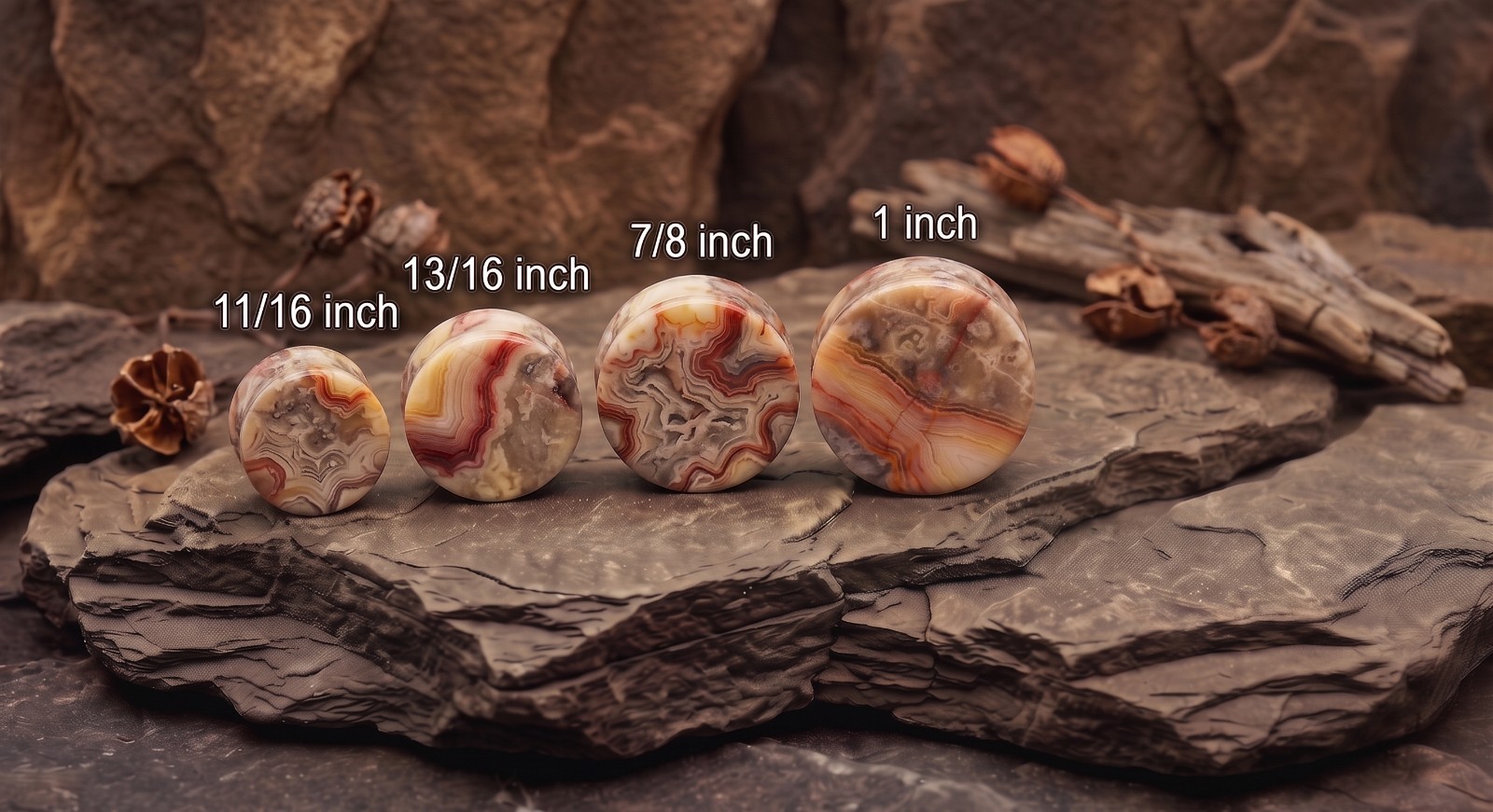 Pair Natural Crazy Lace Agate Stone Saddle Plug Double Flare Ear Lobe Plug E621