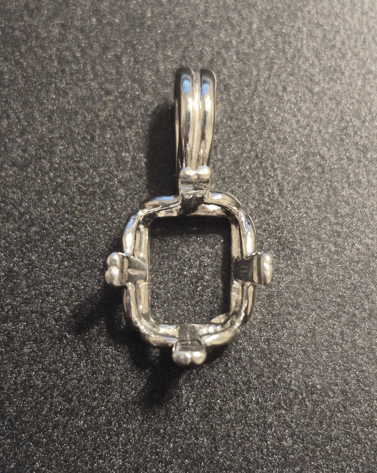 Emerald Cut 4 Prong Crown Regalle Pendant Setting Sterling Silver, Pre-Notched