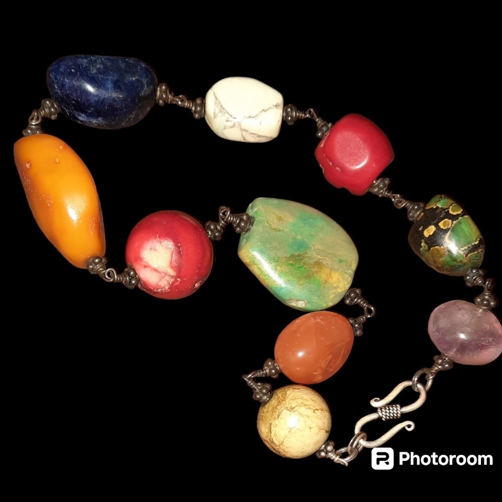 Turquoise coral lapis sterling 925 necklace vintage 15in gemstones Choker