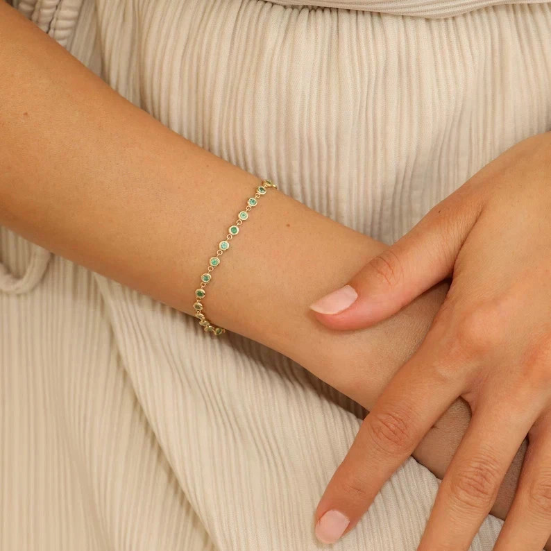 6Ct Round Cut Lab-Created Aquamarine Women Bezel Bracelet 14K Yellow Gold Plated