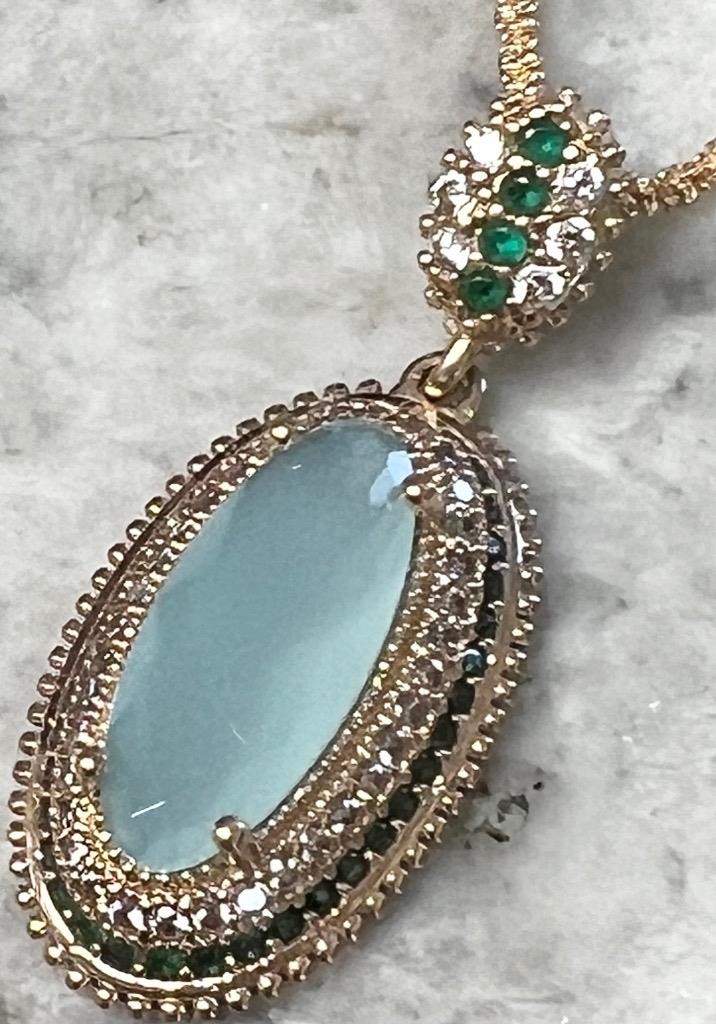 REAL Milky Aquamarine 14K Gold on SOLID 925 White Sapphire Victorian Rev Oblong