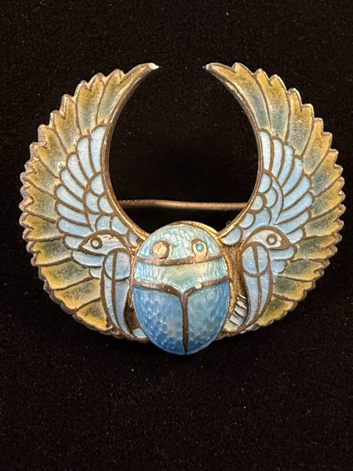 Antique Winged Scarab 800 Silver Brooch Pin Egyptian Revival Plique A Jour #885