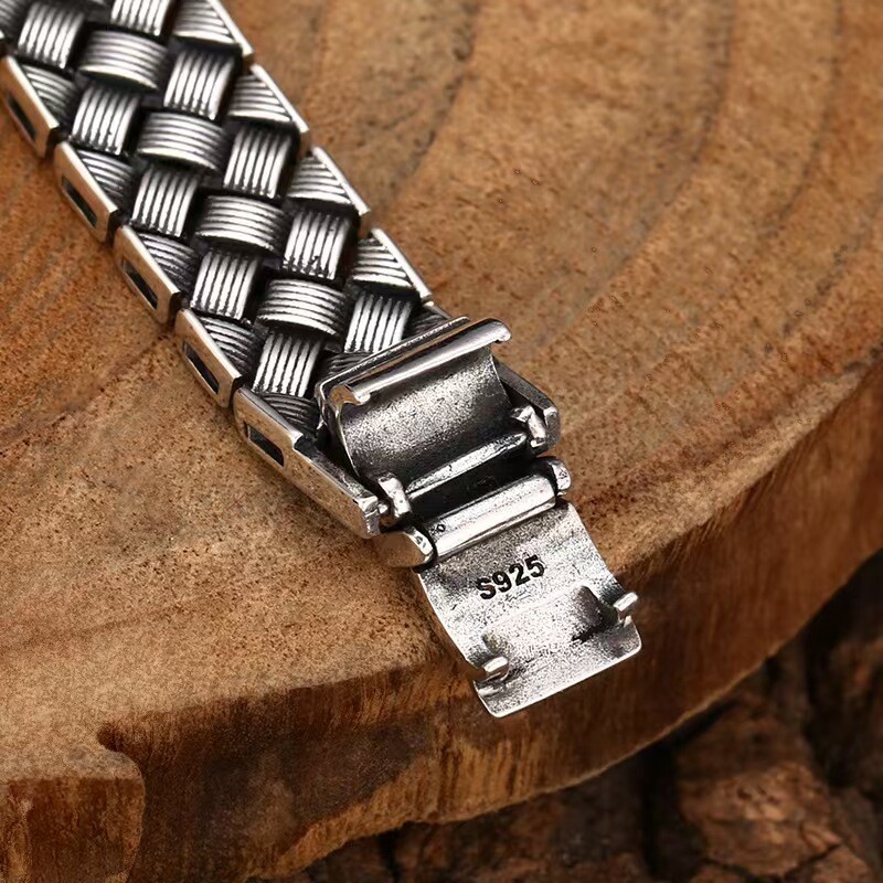 Real 925 Sterling Silver Chain Men 12mm Square Braided Bracelet 32-33g 8.26in