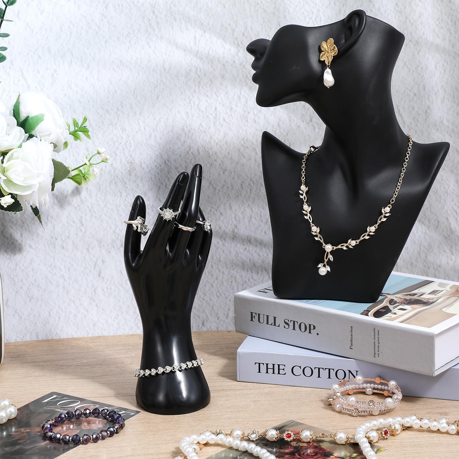 3 Pcs Jewelry Mannequin Display Set – Black PVC Bust Holder with 2 Hand Displ…