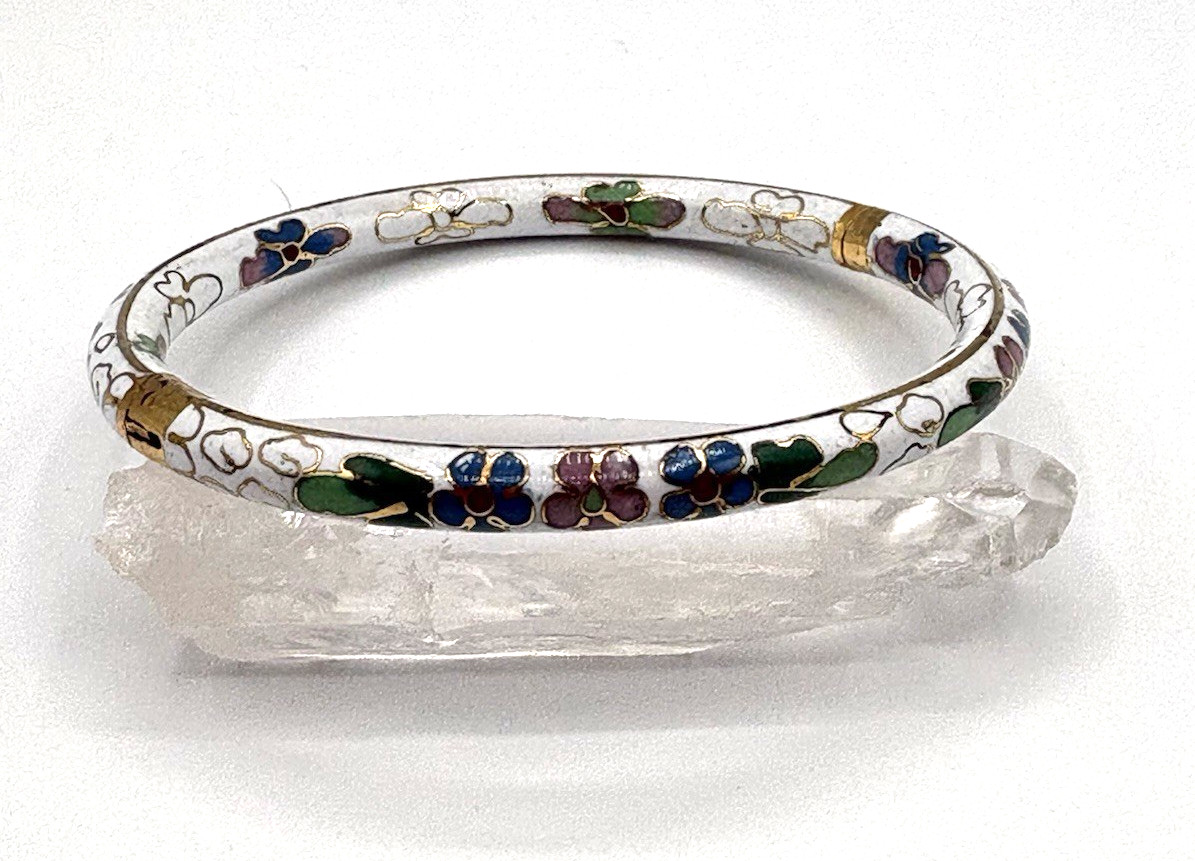 Hinged White Cloisonne Bangle Bracelet, Multi-colored Floral Enamel Bracelet