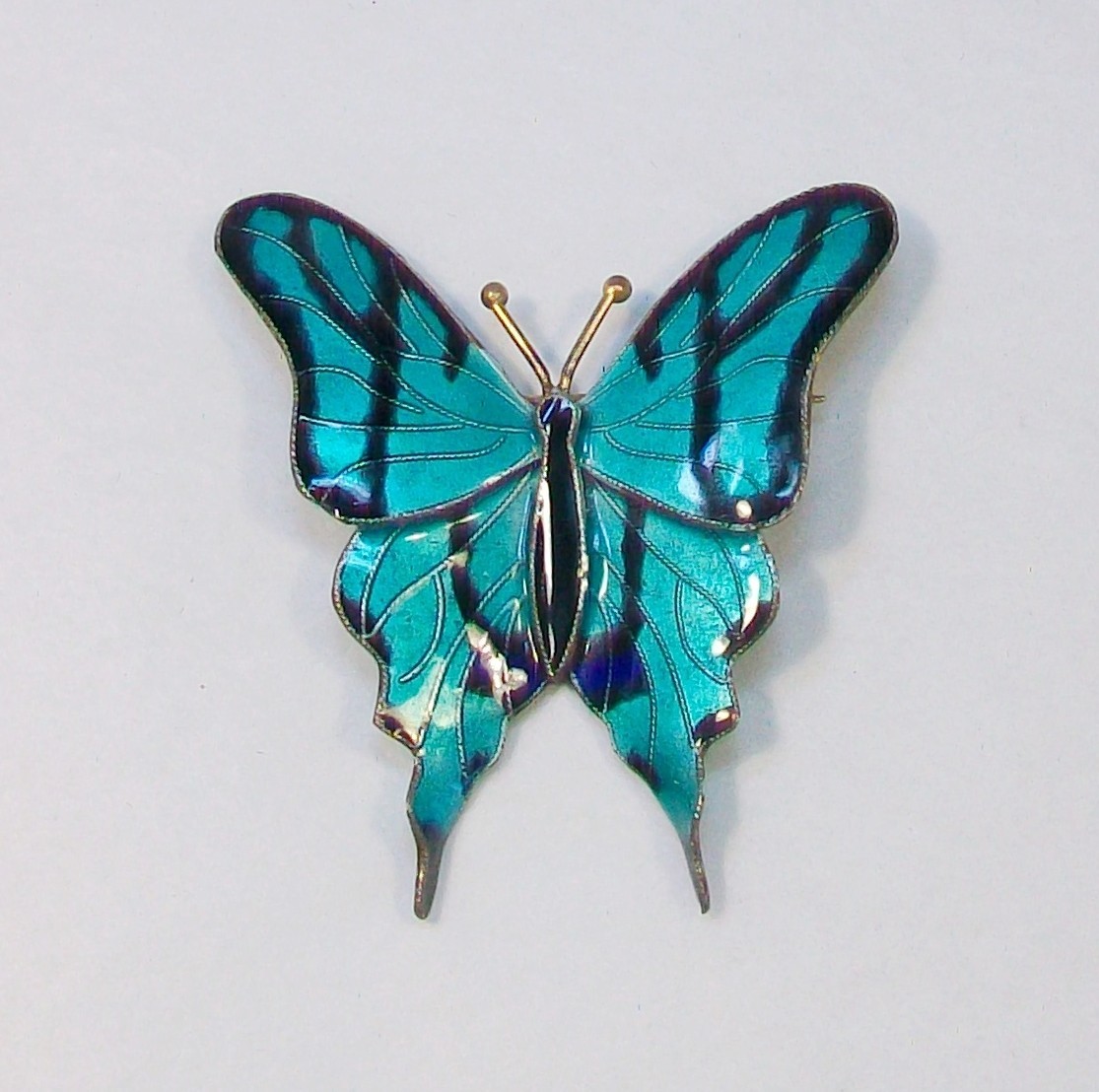 Vintage CHINESE EXPORT Cloisonne Enamel BUTTERFLY Figural Silver Pin Brooch