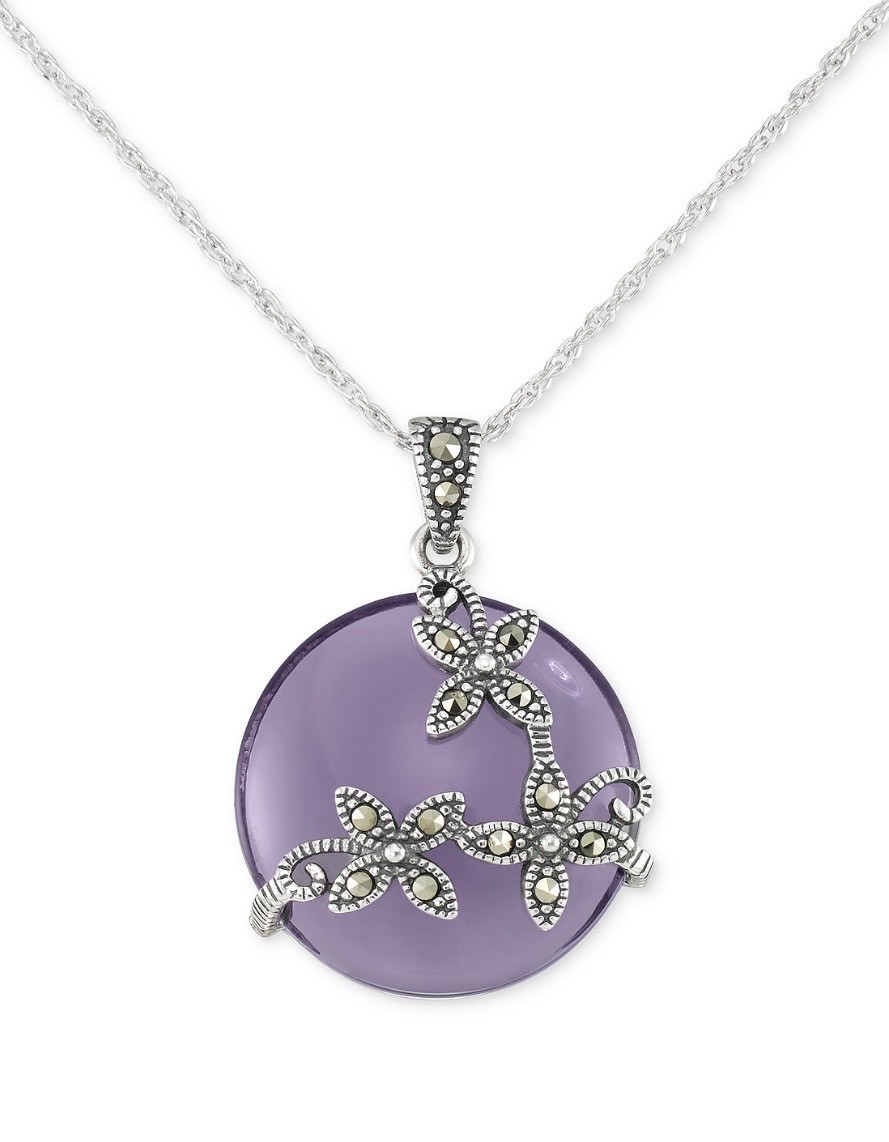 Marcasite 0.2ct & Purple Glass Stone Pendant 18″ Necklace in Sterling Silver