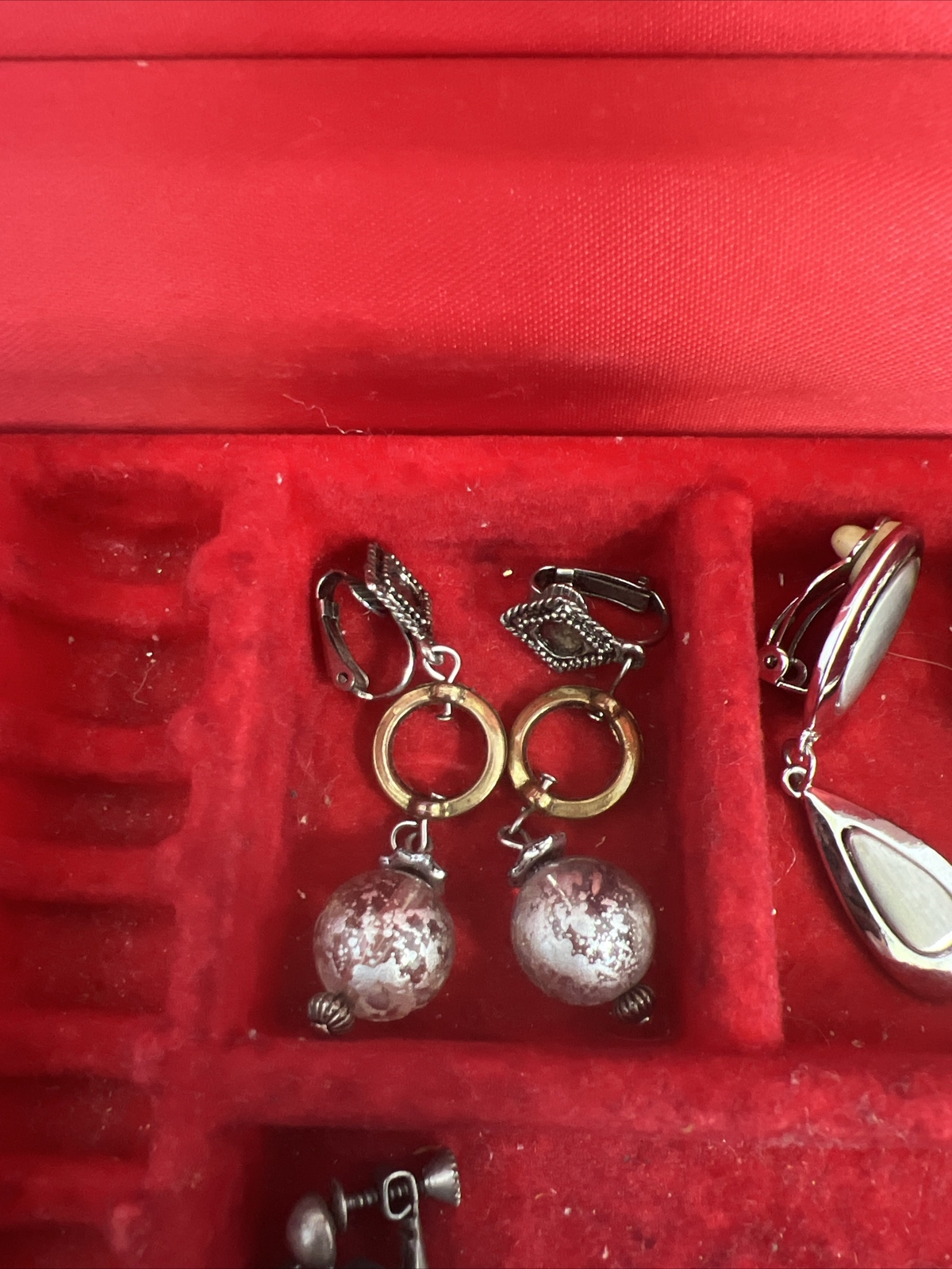 Jewerly Box and Lot of Costume Earrings Some Clip-on Some Pierced Some Single