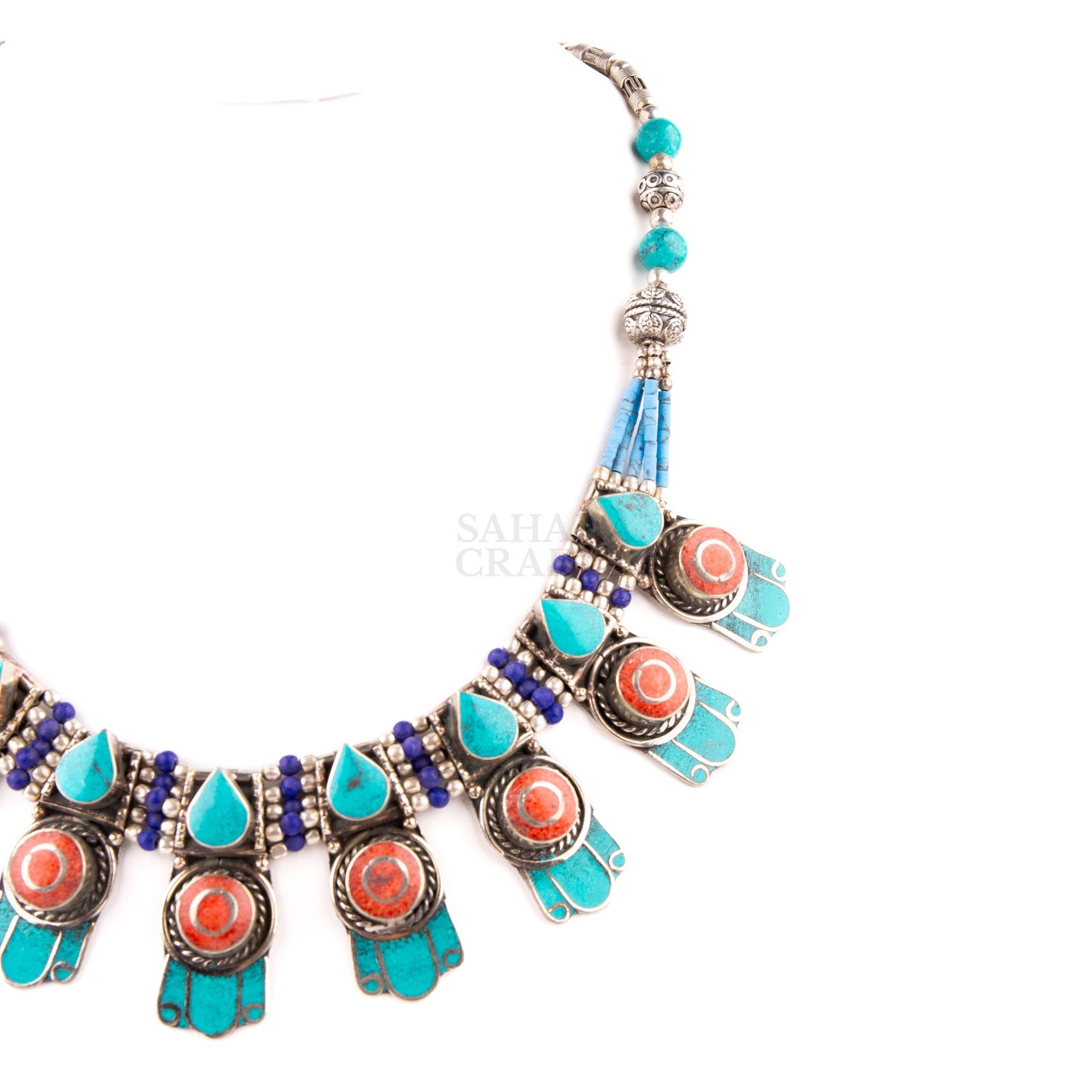 Traditional Tibetan Turquoise Coral Lapis Necklace, Handmade Ethnic Tribal