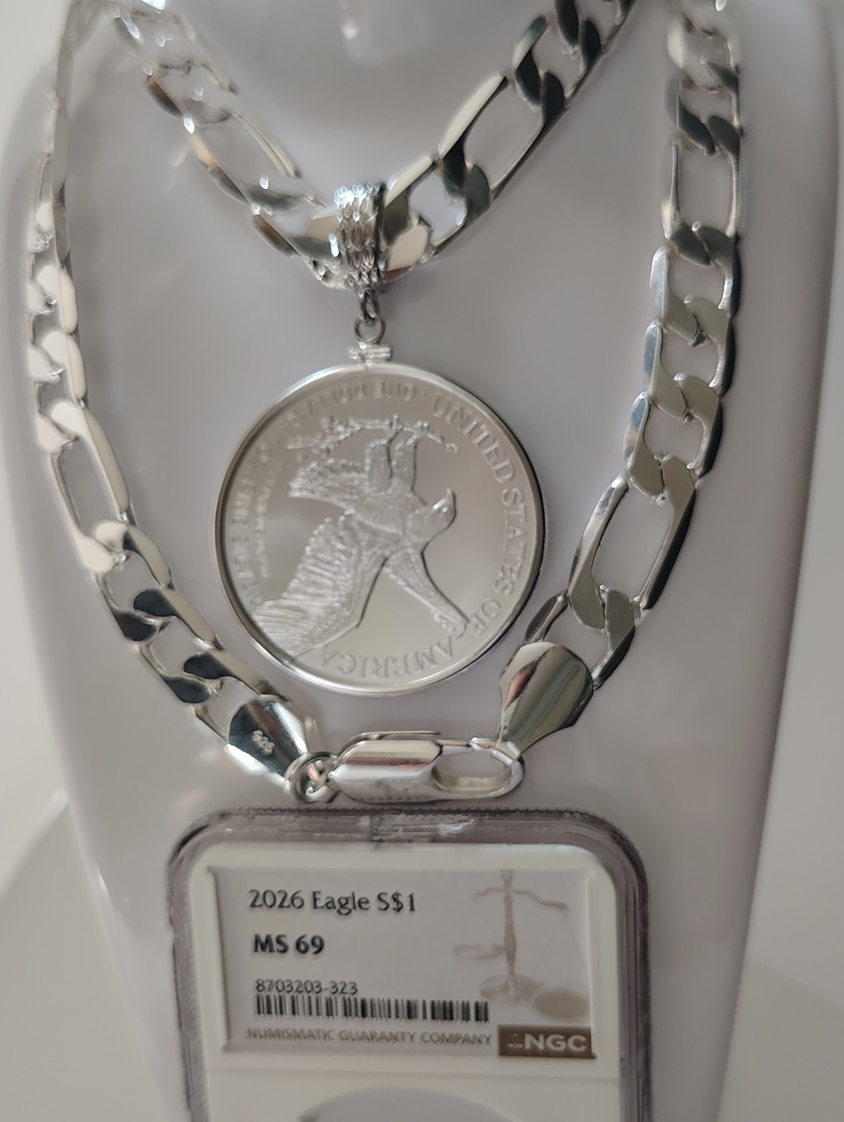 Silver Plated Necklace With Coin 2026 MS 69 Silver American Eagle 1 Oz (26″/12mm