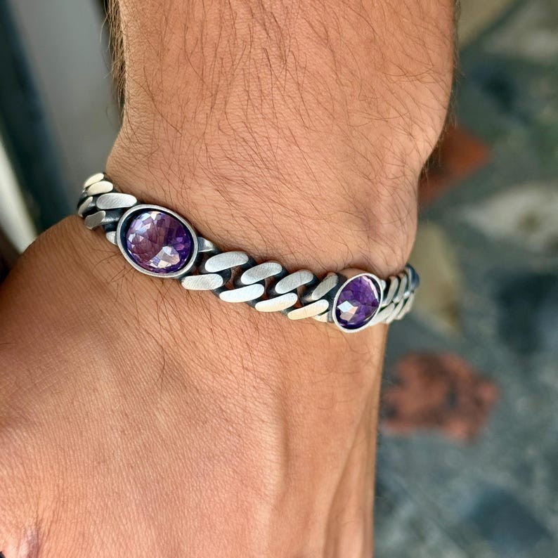 925 Solid Silver Amethyst Curb Chain Bracelet, 10MM Cuban Link Chain Bracelet